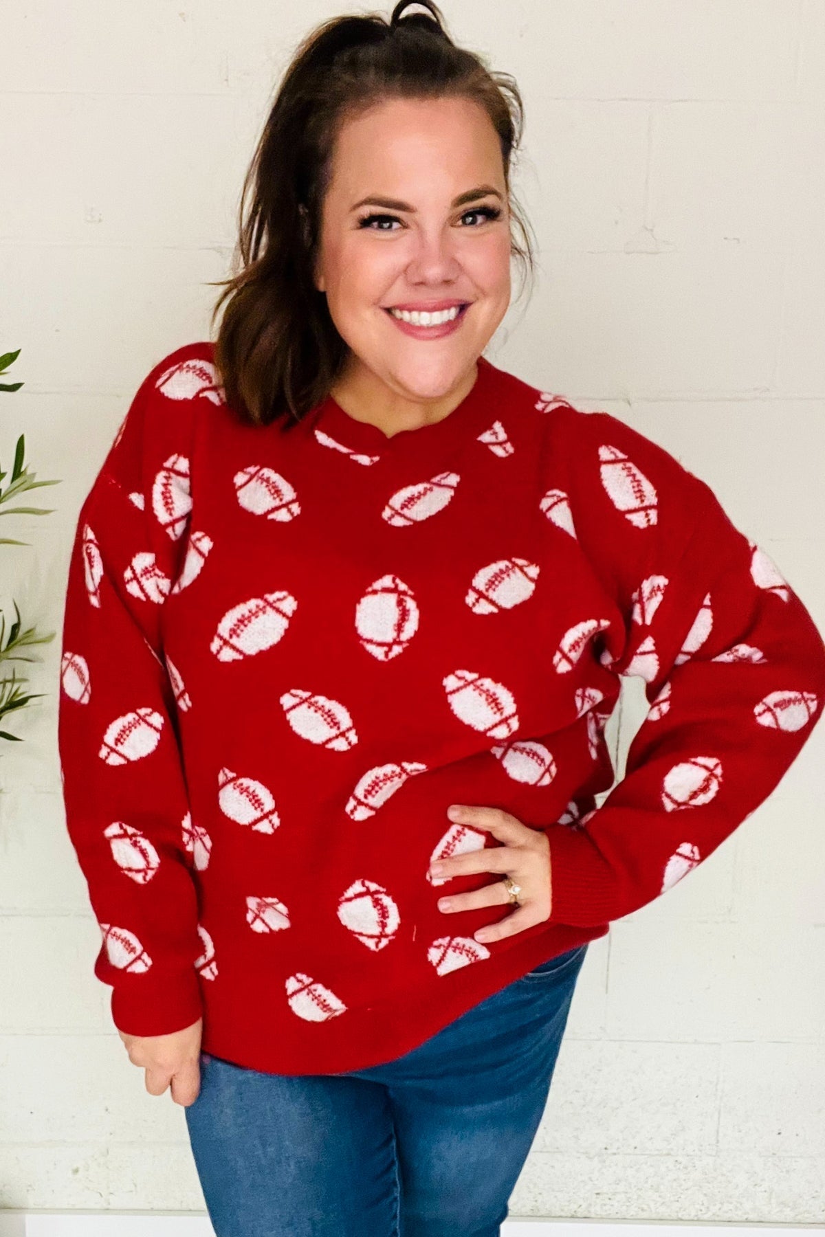 Gisela | Red football print jacquard knit sweater for game day