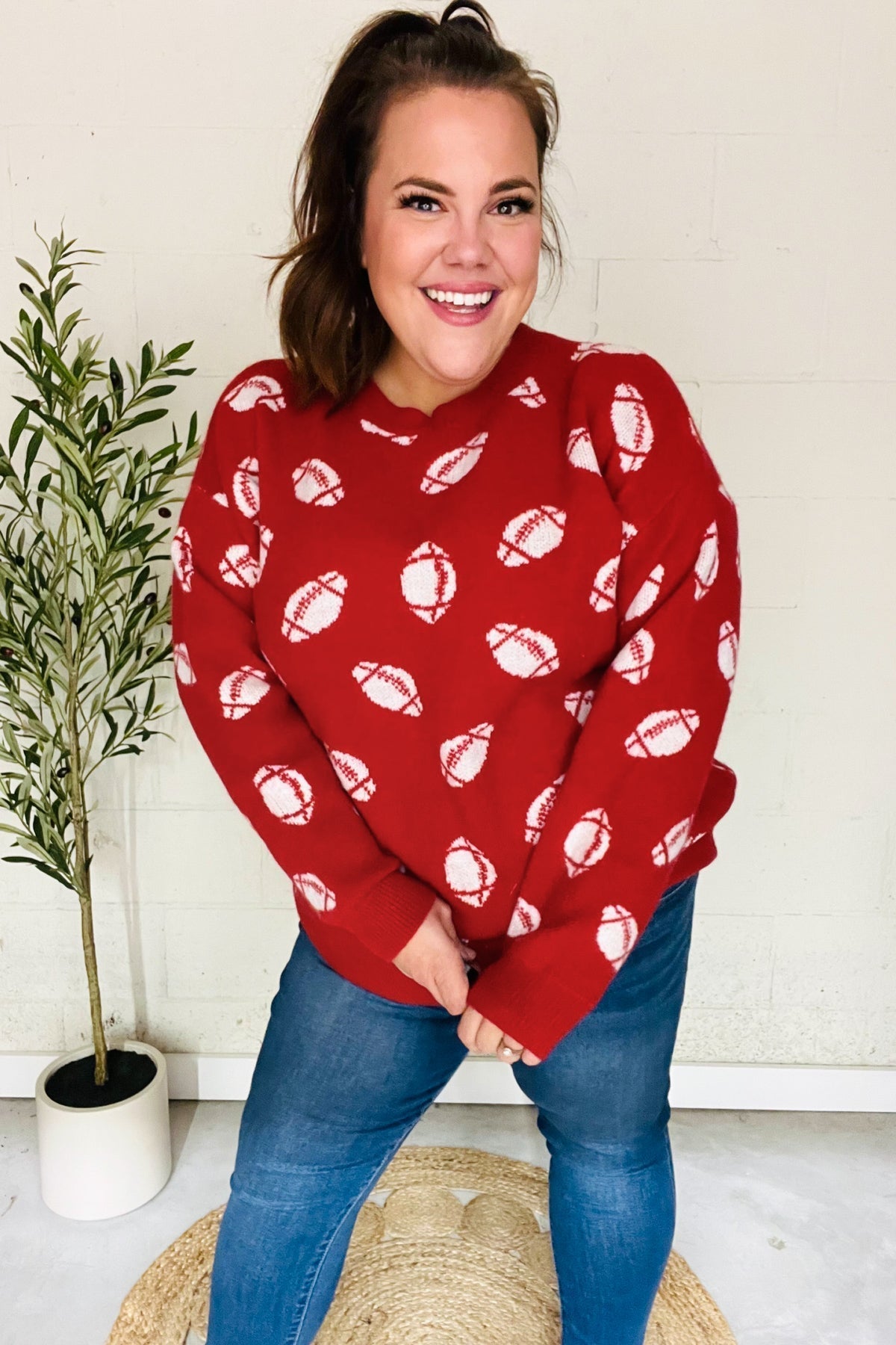 Gisela | Red football print jacquard knit sweater for game day