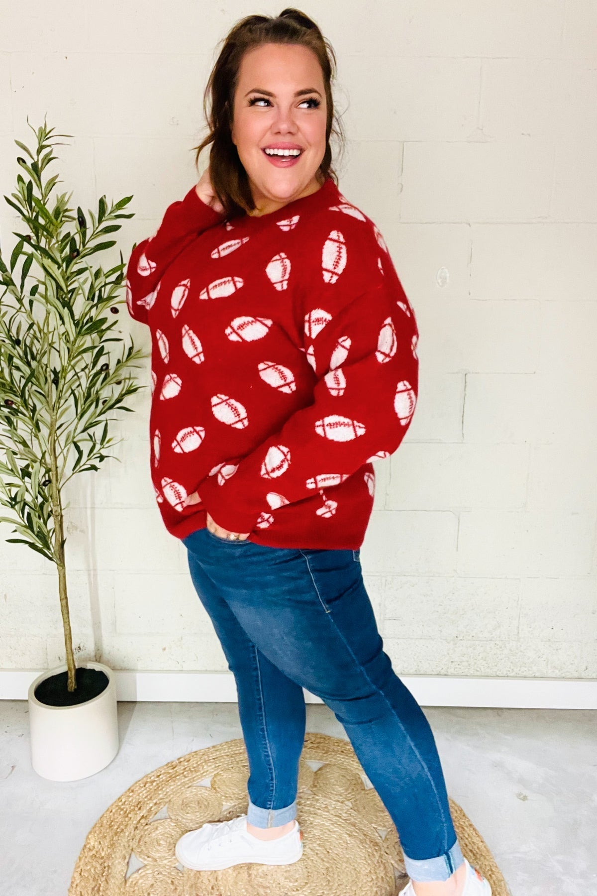 Gisela | Red football print jacquard knit sweater for game day