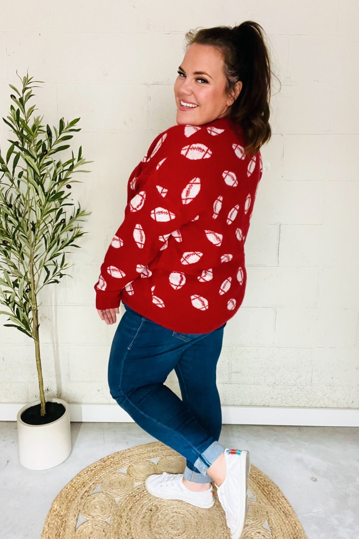 Gisela | Red football print jacquard knit sweater for game day