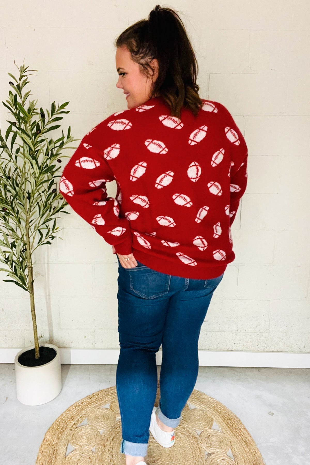 Gisela | Red football print jacquard knit sweater for game day