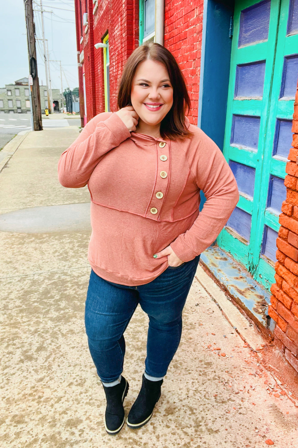 Elsa | Rust colored princess hoodie with line-out seam and button placket