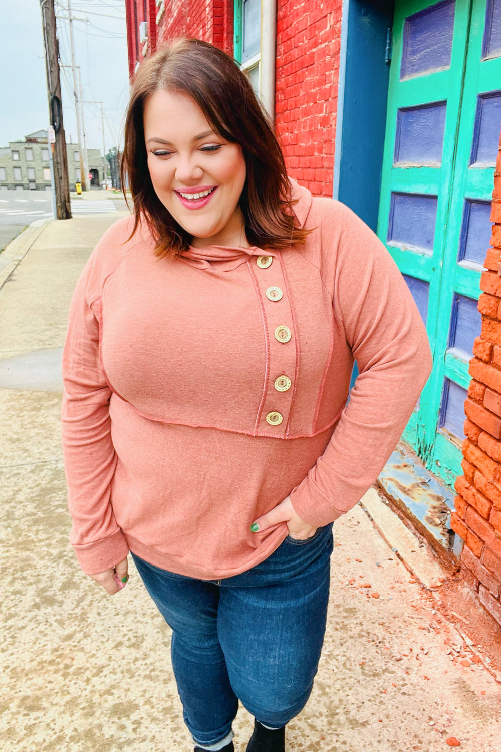 Elsa | Rust colored princess hoodie with line-out seam and button placket