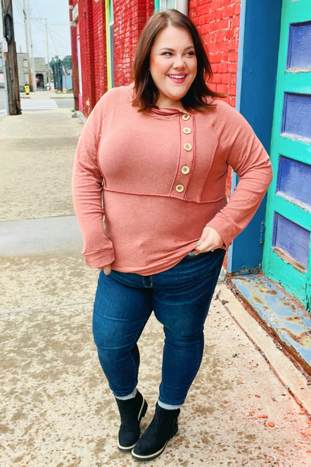 Elsa | Rust colored princess hoodie with line-out seam and button placket