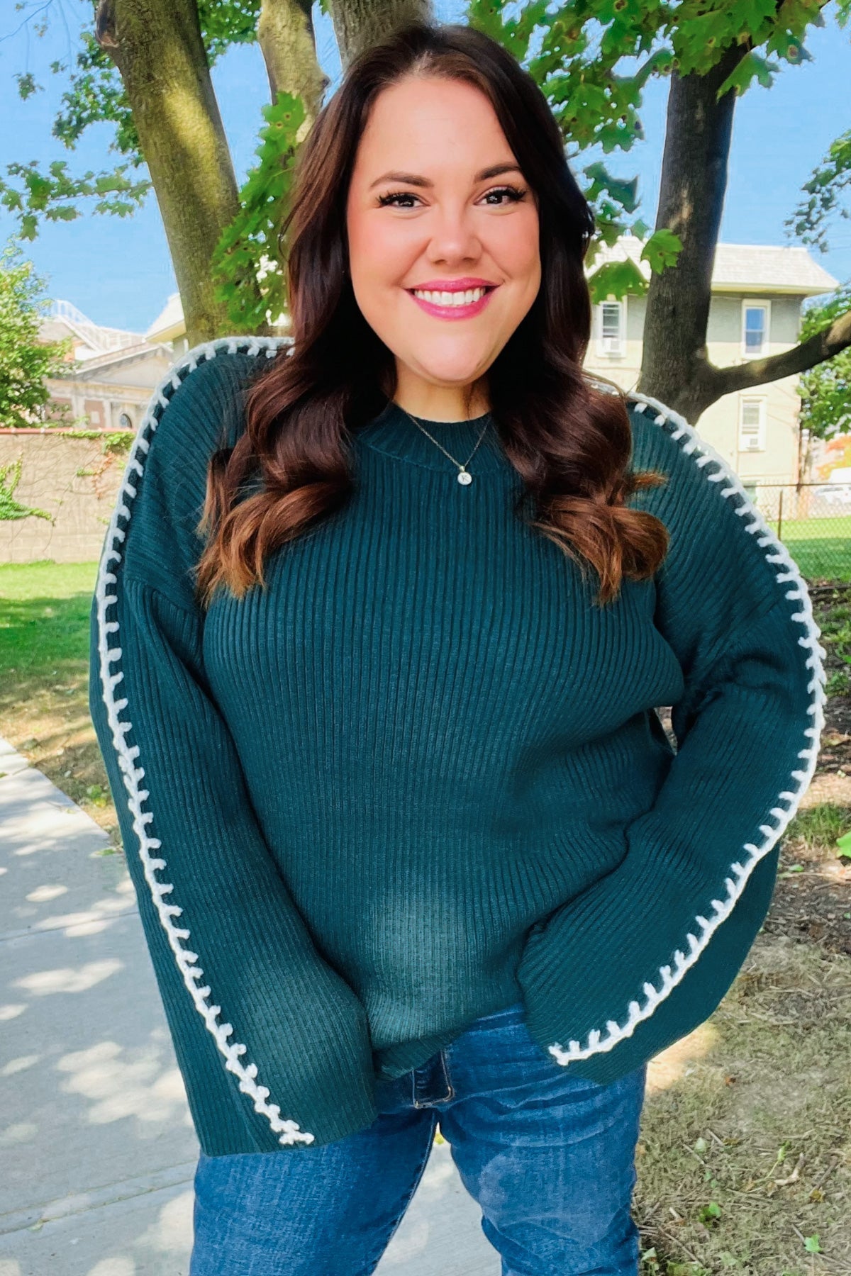 Paulina | Fall Vibes Hunter Green rib knit sweater with large stitches