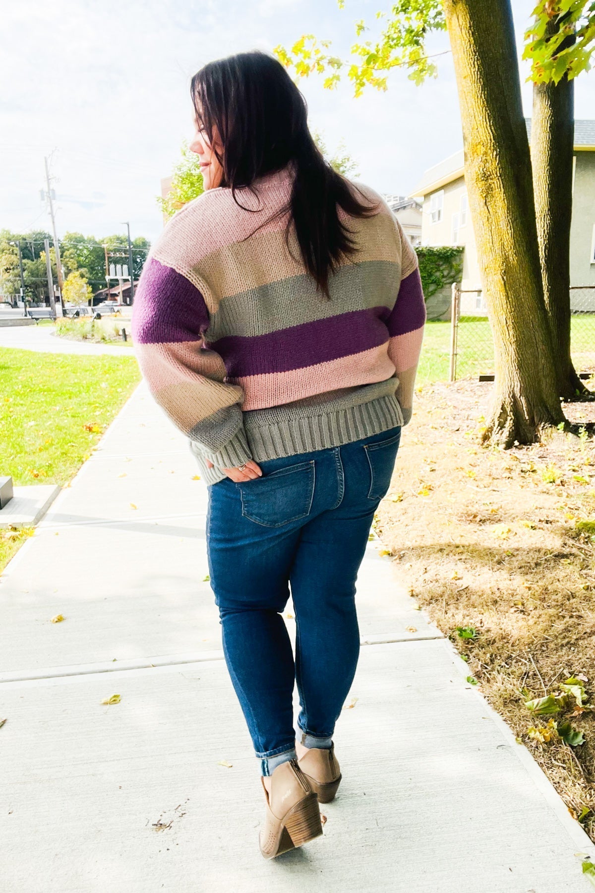 Aneta | Fall For You mauve multicolor striped cable knit turtleneck sweater