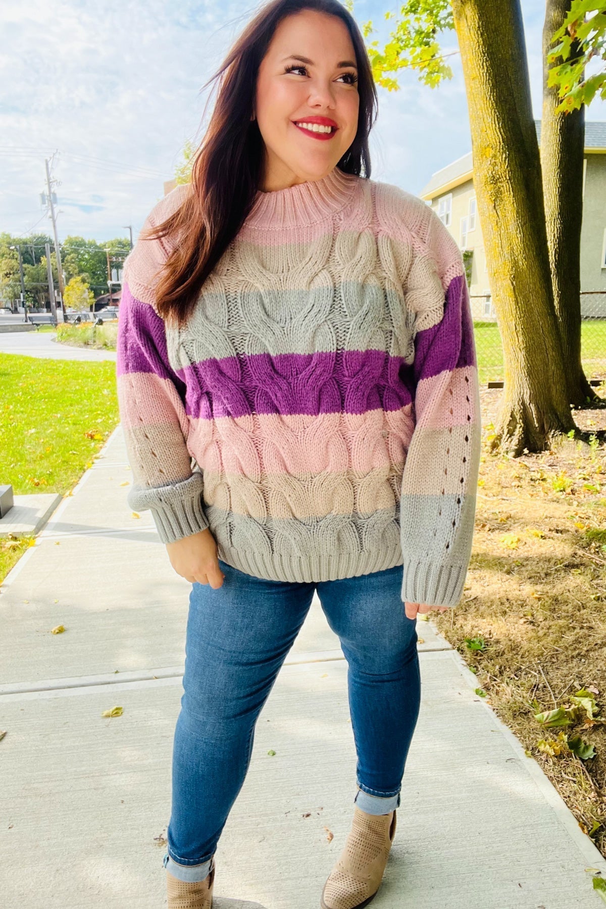 Aneta | Fall For You mauve multicolor striped cable knit turtleneck sweater