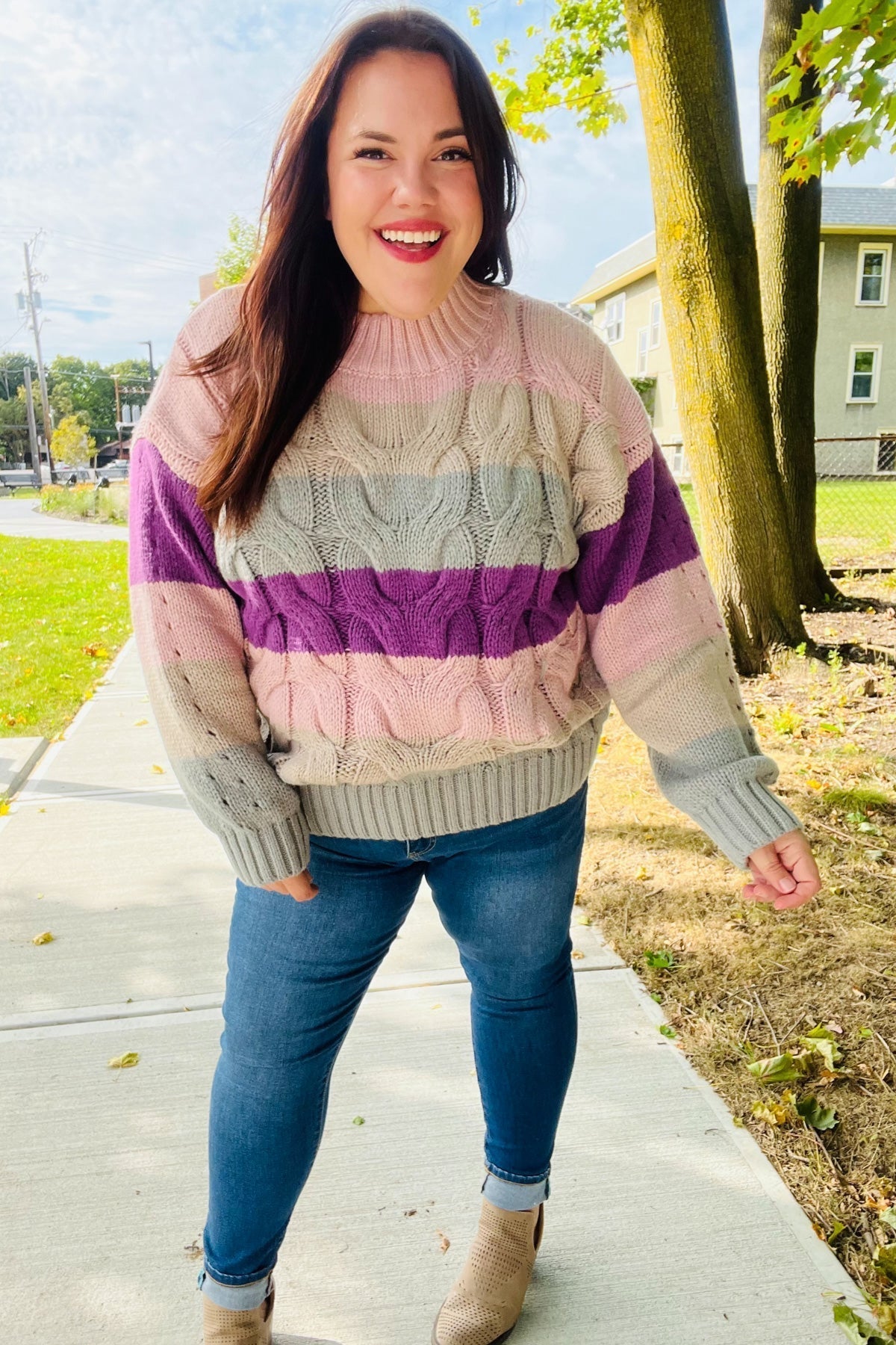 Aneta | Fall For You mauve multicolor striped cable knit turtleneck sweater