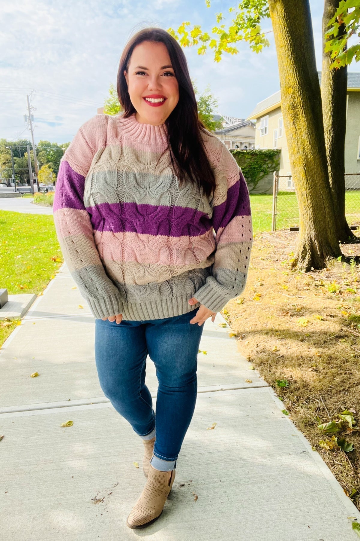 Aneta | Fall For You mauve multicolor striped cable knit turtleneck sweater
