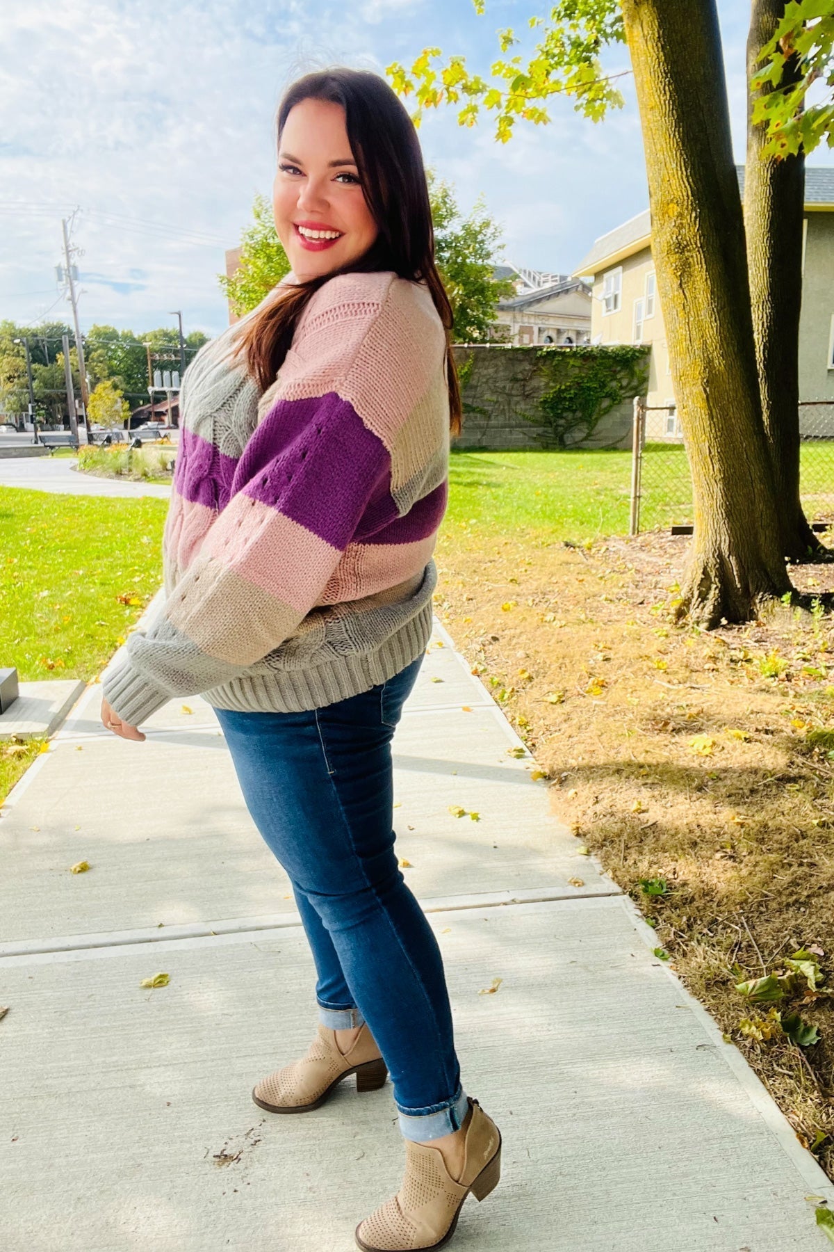 Aneta | Fall For You mauve multicolor striped cable knit turtleneck sweater