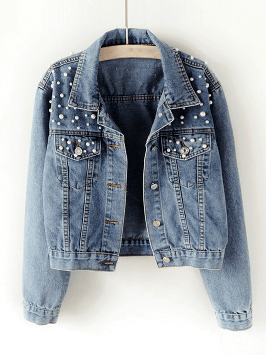 Sabina | Denim jacket, buttoned pockets, rhinestone pearl trim, lapel collar, long sleeves, women's fashion, casual, oversized, casual