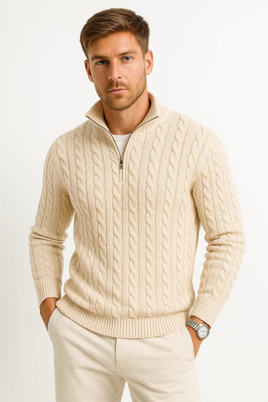 Joshua | Men’s Spring Zip-Neck Cable Knit Sweater