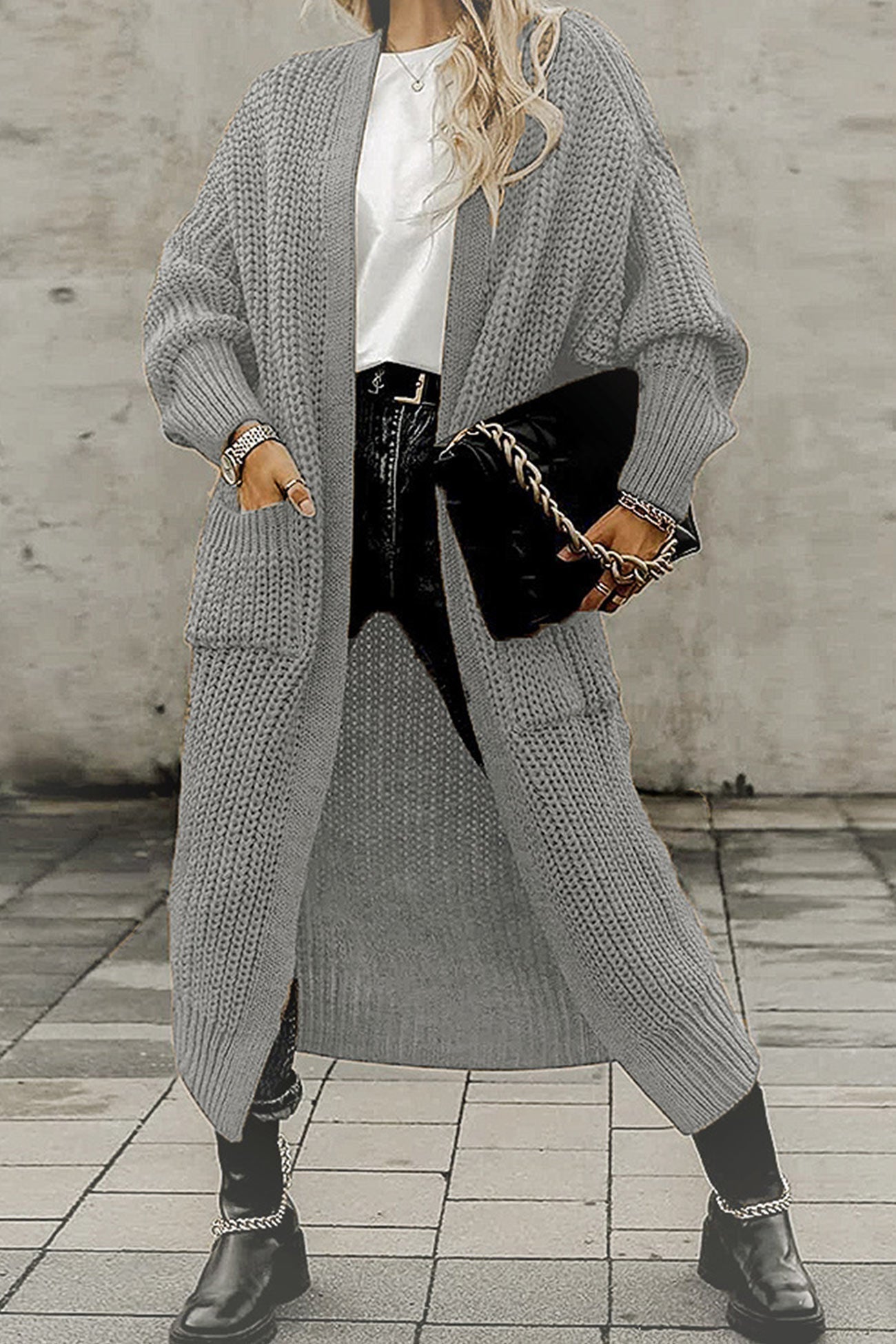 Teresa | Long cardigan with lantern sleeves at the front and pockets
