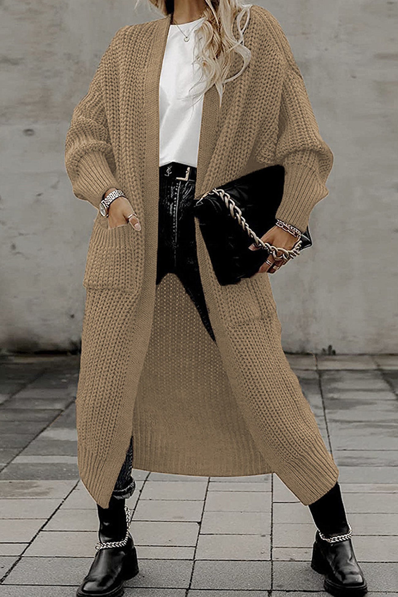 Teresa | Long cardigan with lantern sleeves at the front and pockets