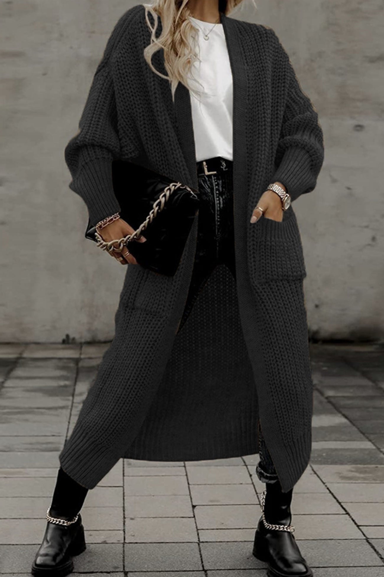 Teresa | Long cardigan with lantern sleeves at the front and pockets