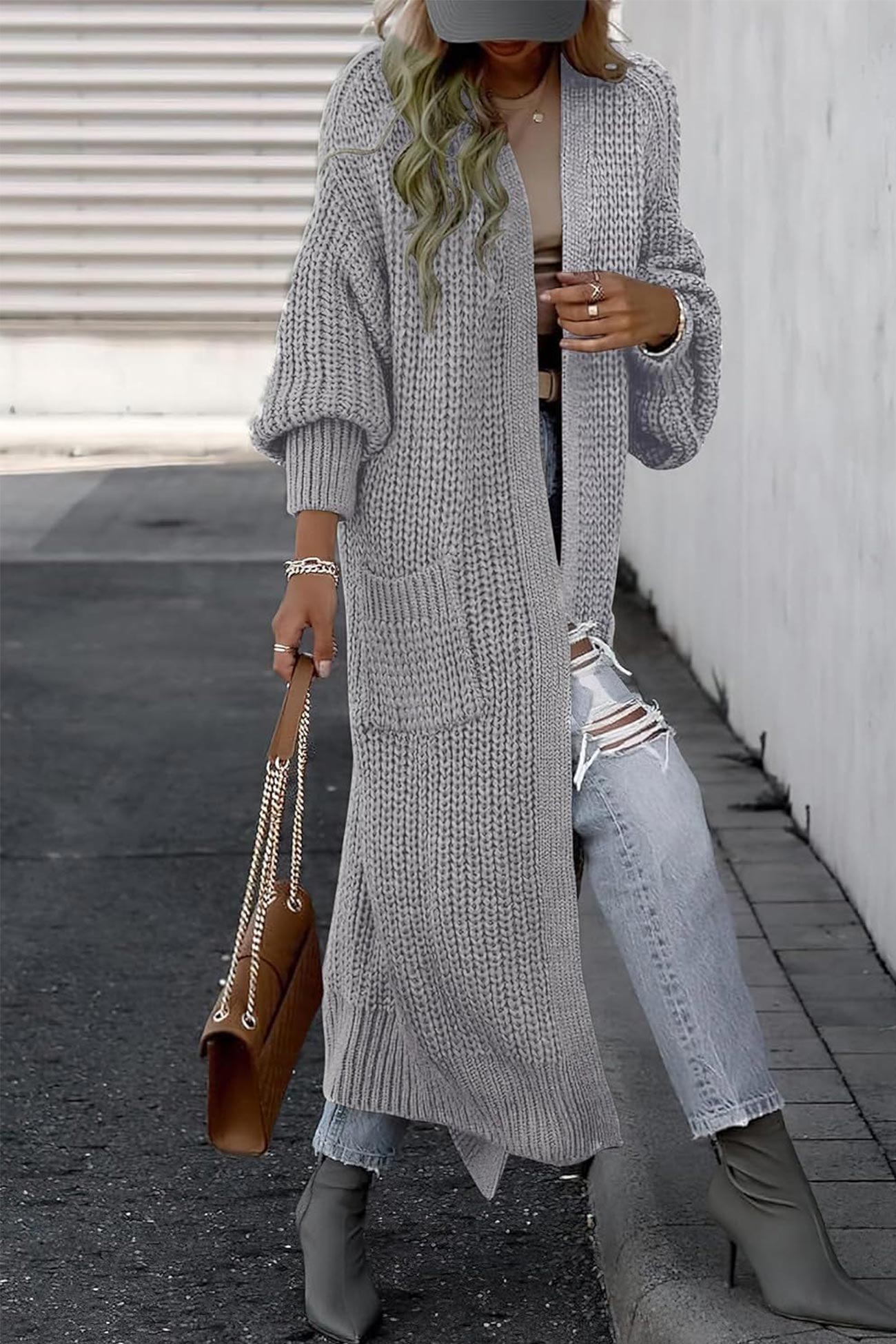 Teresa | Long cardigan with lantern sleeves at the front and pockets