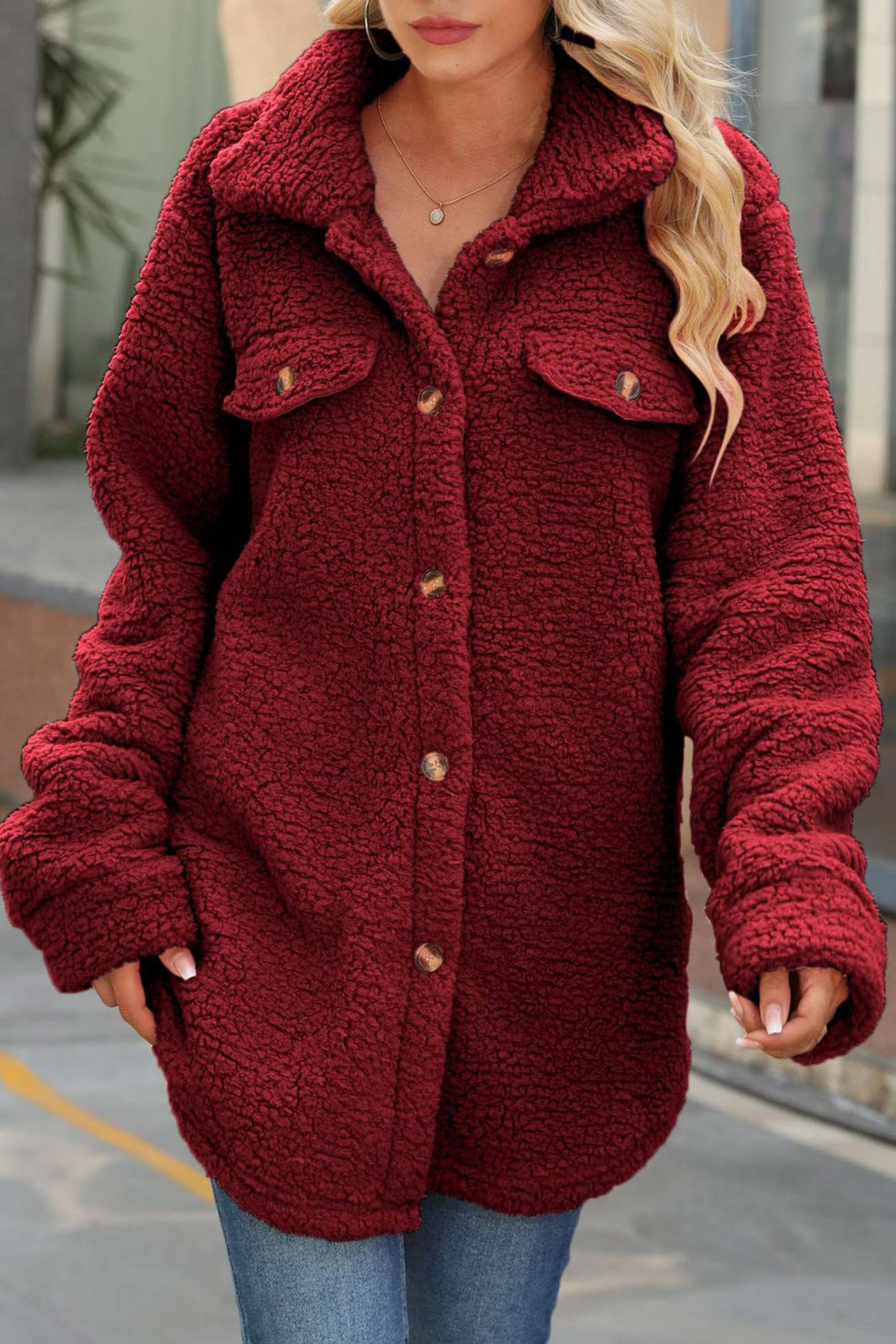 Leonie | Solid color, single-breasted plush coat with lapels