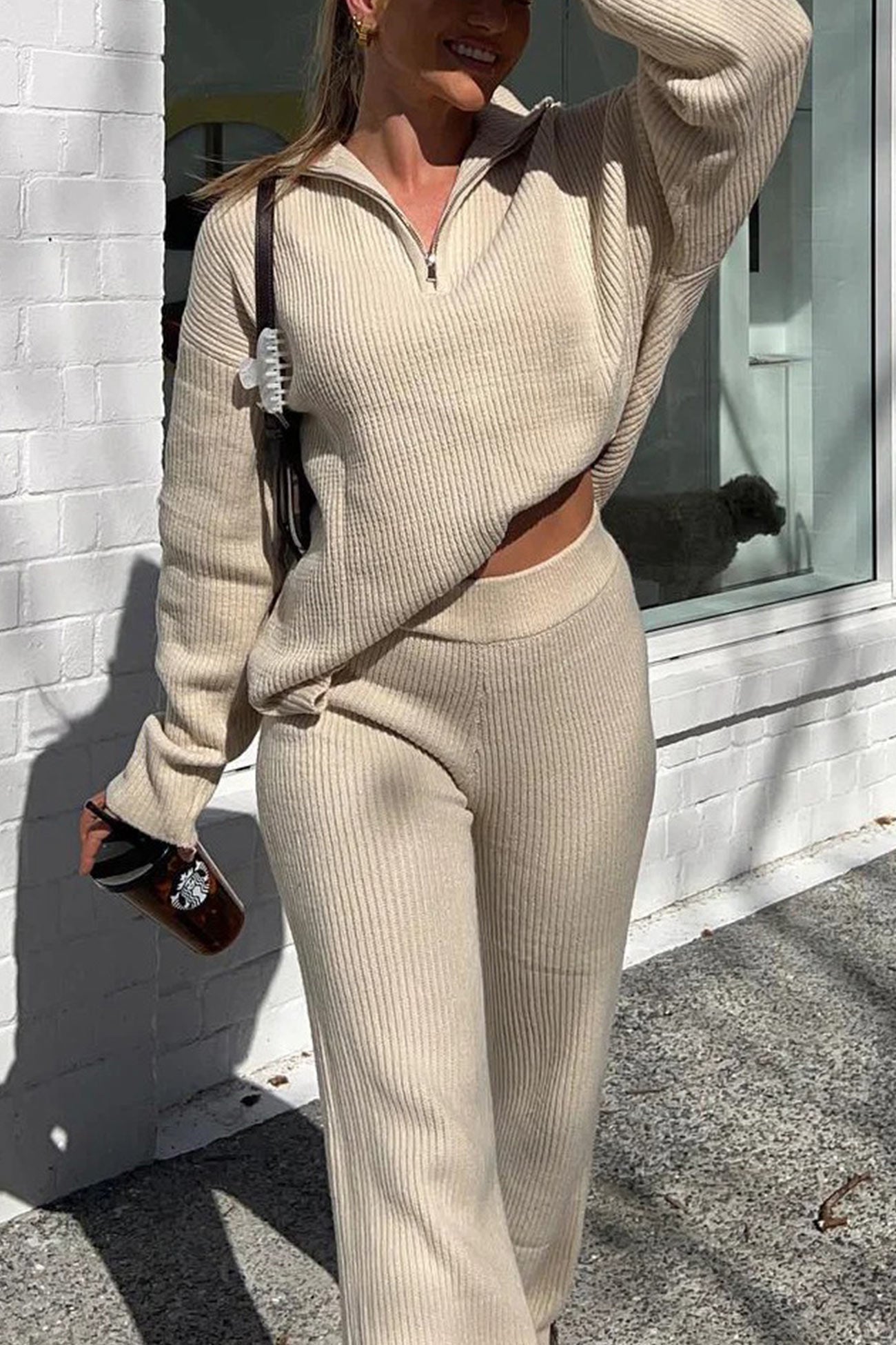 Bernadette | Two-piece outfit in ribbed knit with lapels and zip fastening