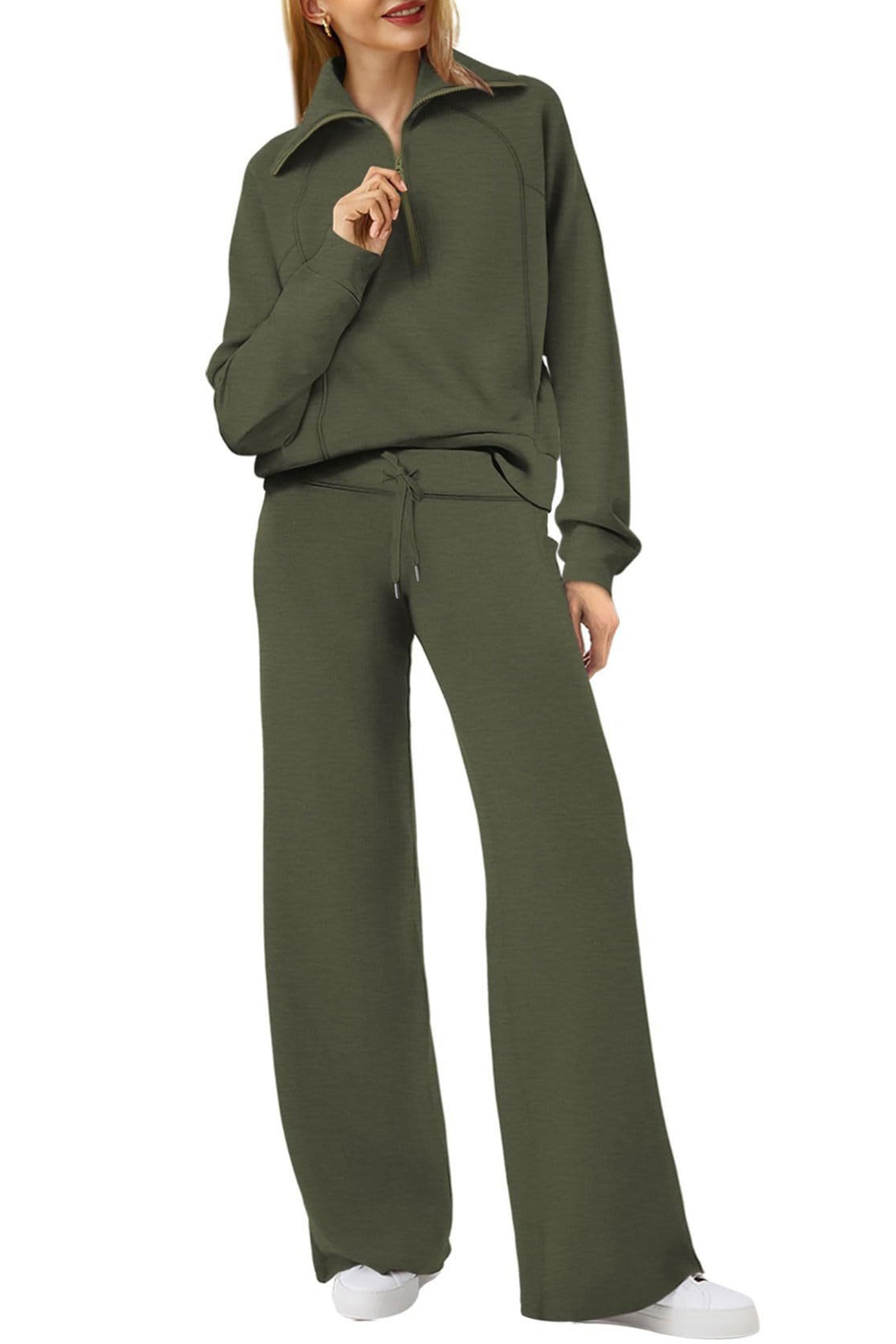 Doris | Wide leg long pants set with lapel zip sweatshirt