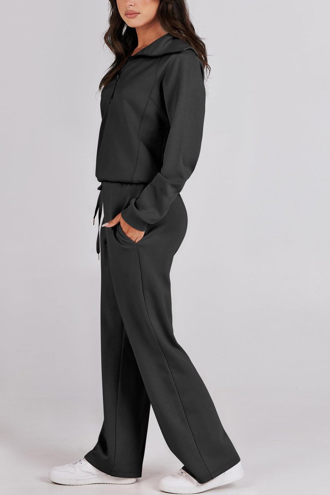Gabriela | Lapel zip wide leg sweatshirt and long pants set