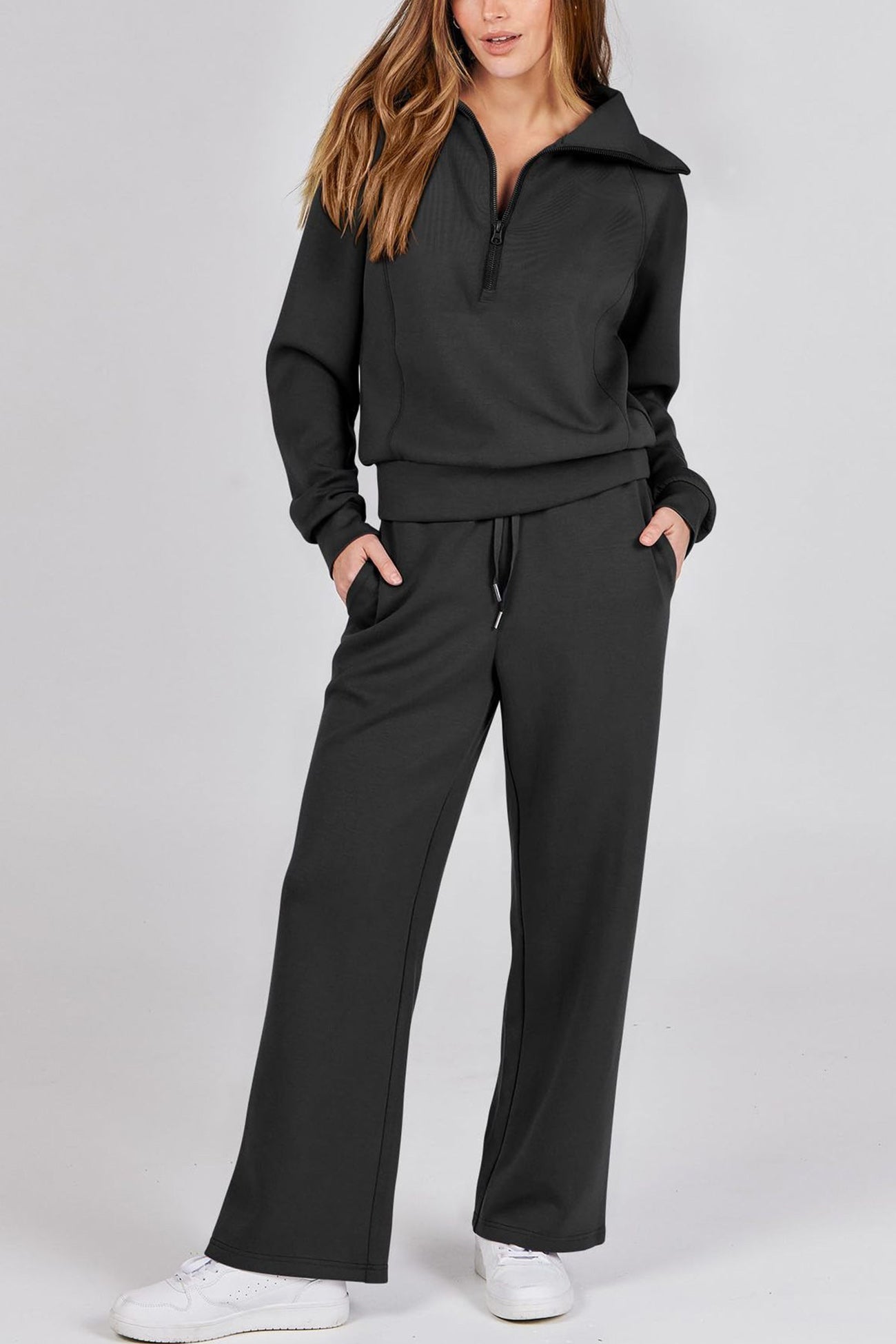 Gabriela | Lapel zip wide leg sweatshirt and long pants set