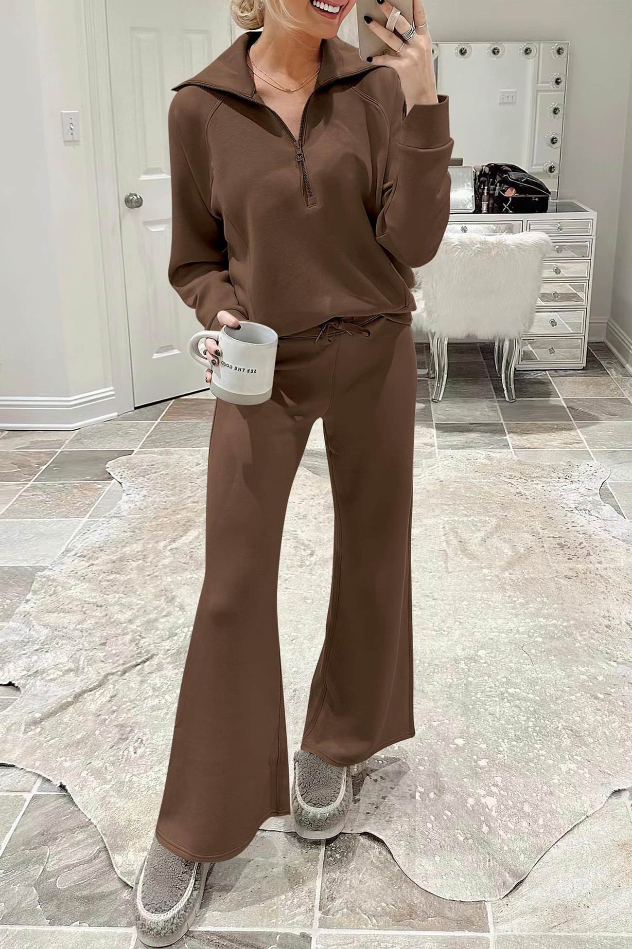 Doris | Wide leg long pants set with lapel zip sweatshirt