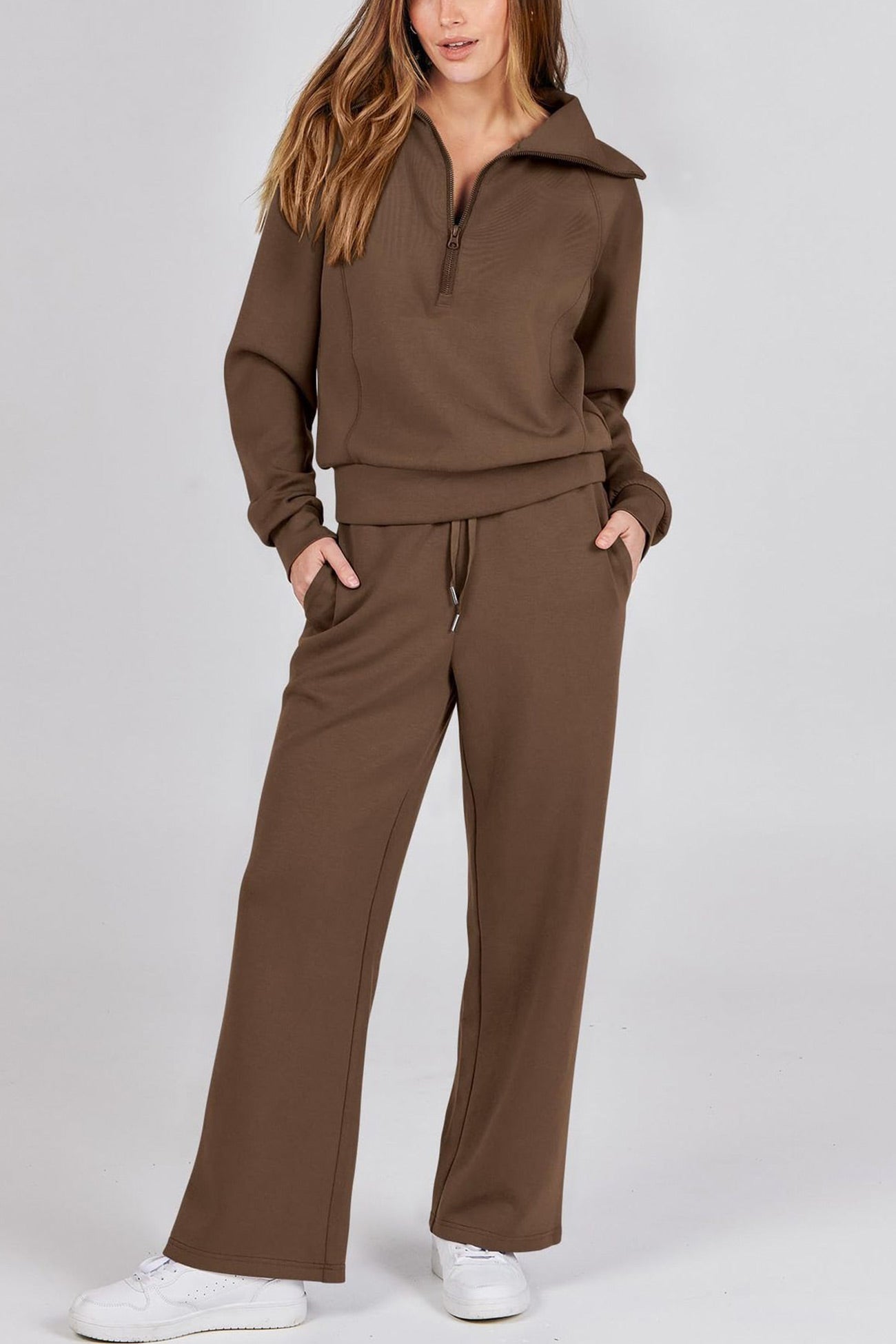 Gabriela | Lapel zip wide leg sweatshirt and long pants set