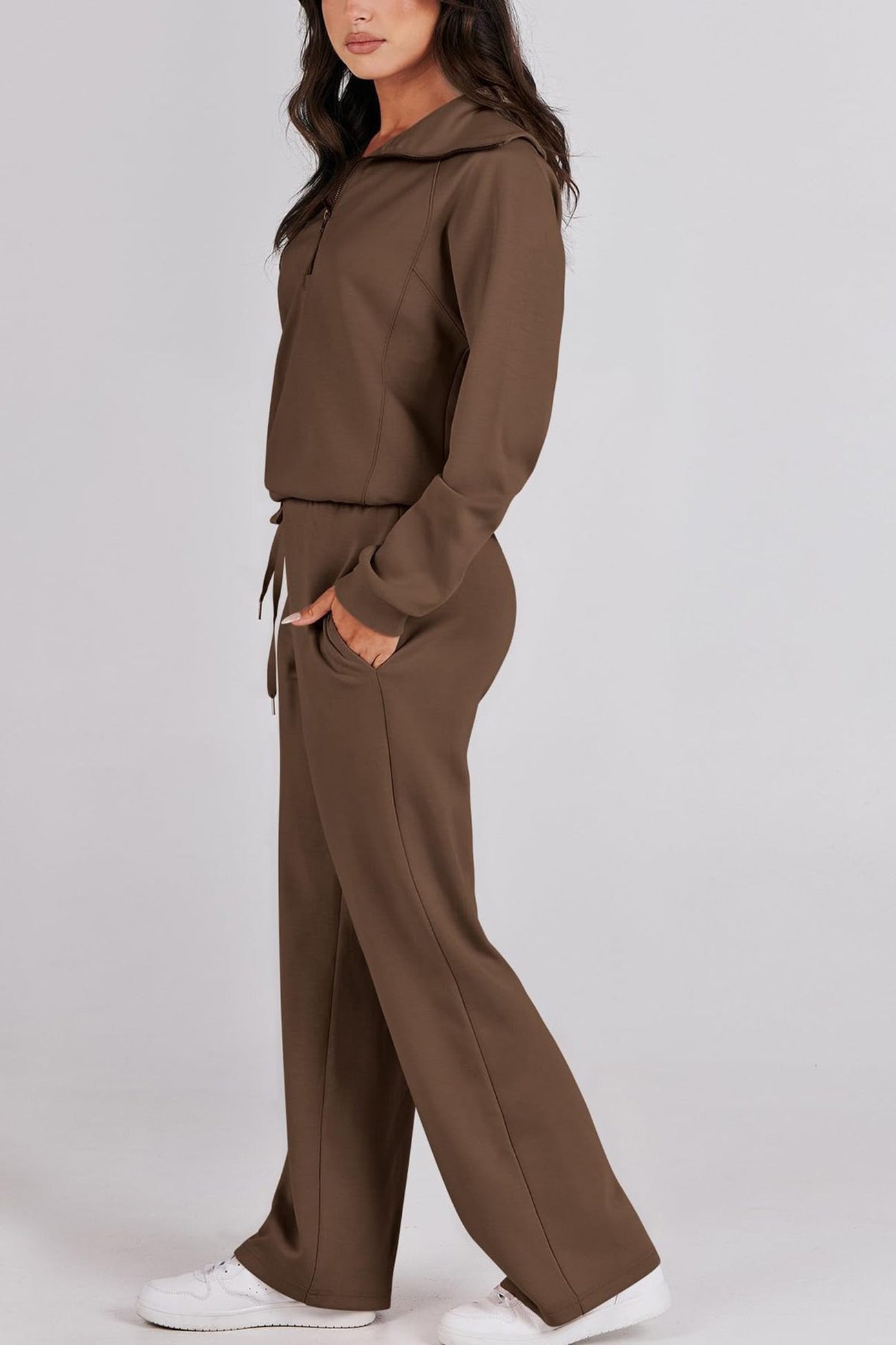 Doris | Wide leg long pants set with lapel zip sweatshirt