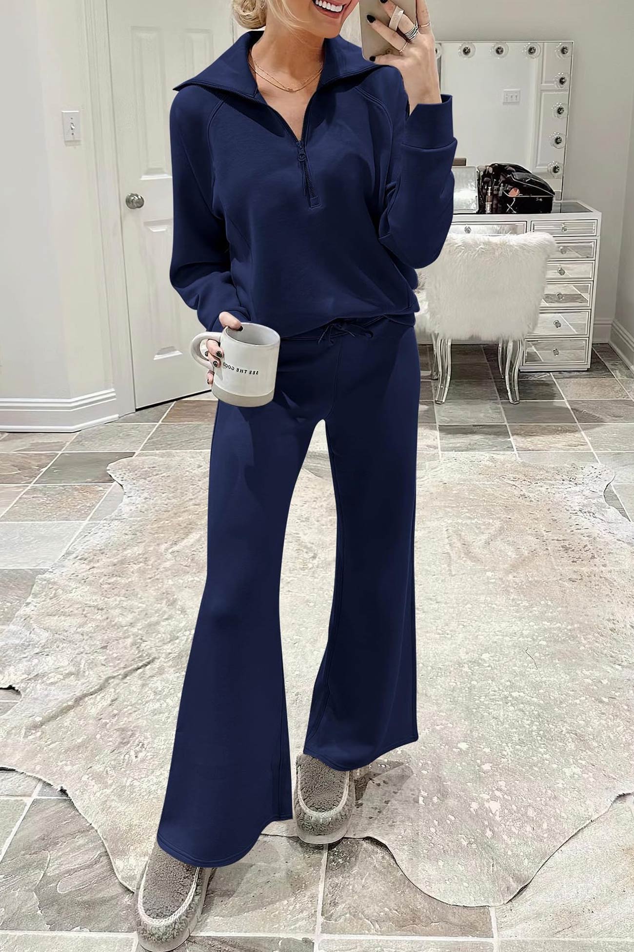 Doris | Wide leg long pants set with lapel zip sweatshirt
