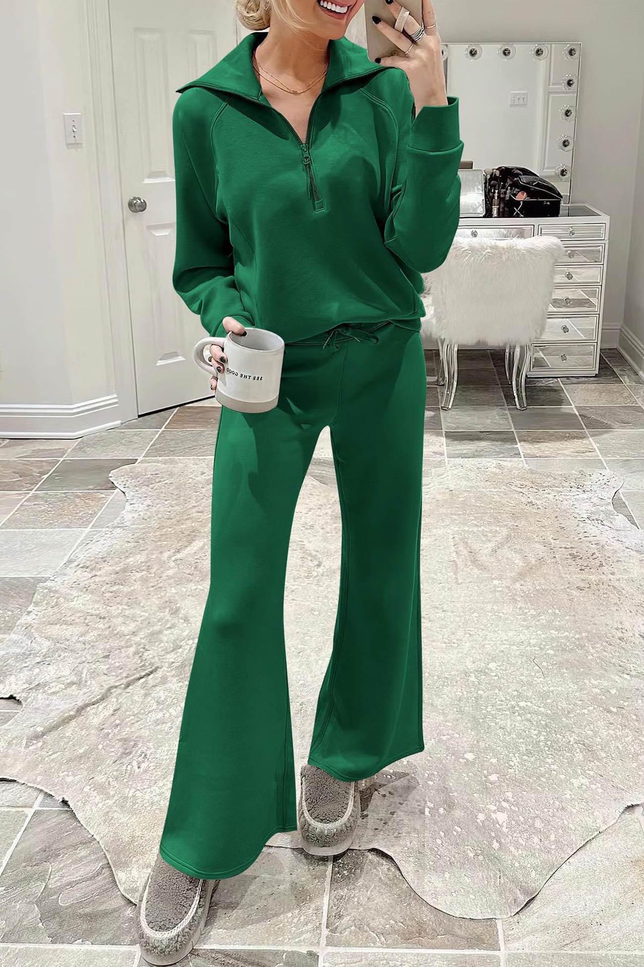 Gabriela | Lapel zip wide leg sweatshirt and long pants set