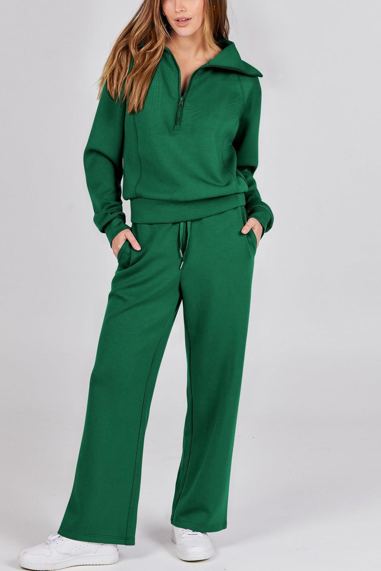 Doris | Wide leg long pants set with lapel zip sweatshirt