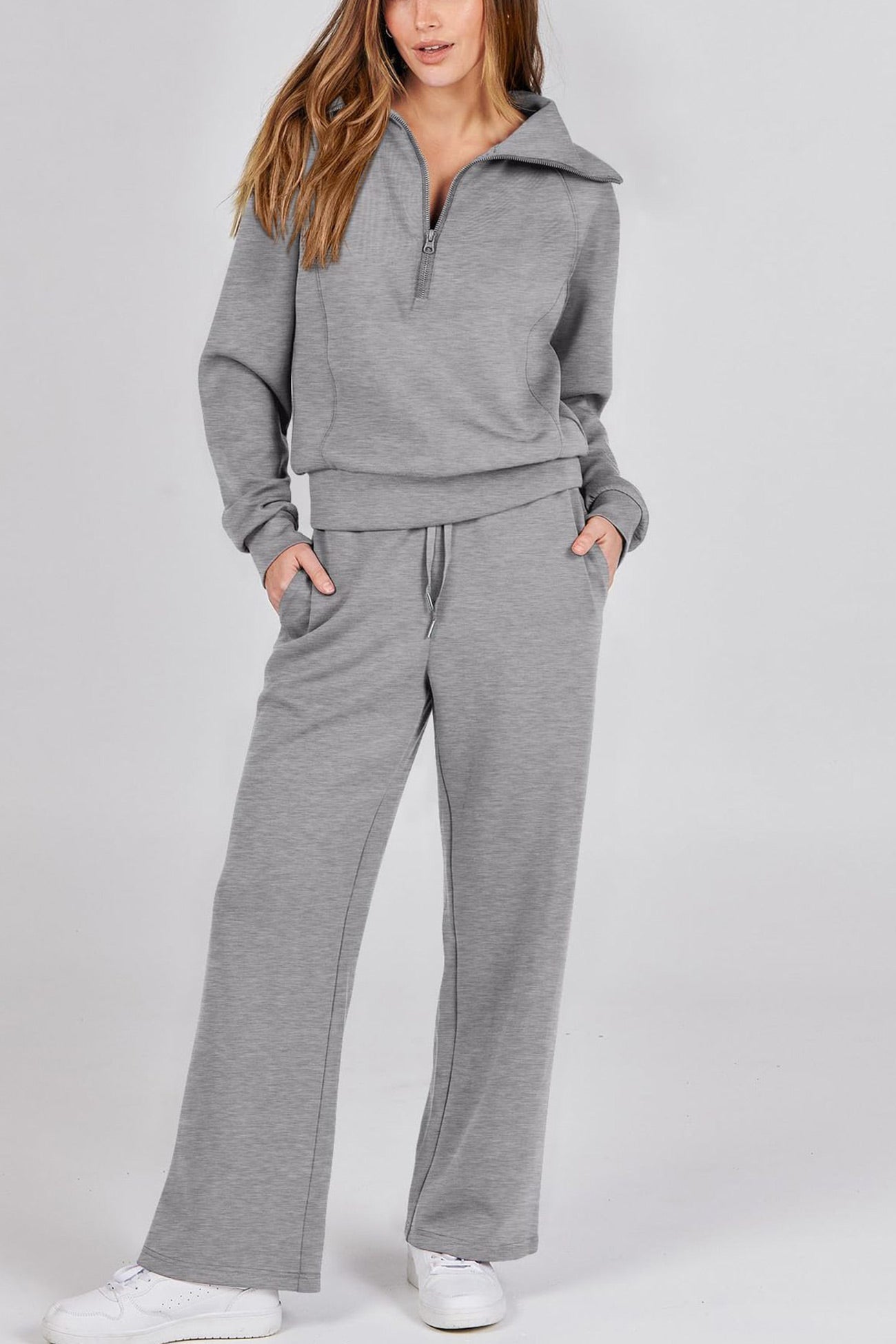 Gabriela | Lapel zip wide leg sweatshirt and long pants set