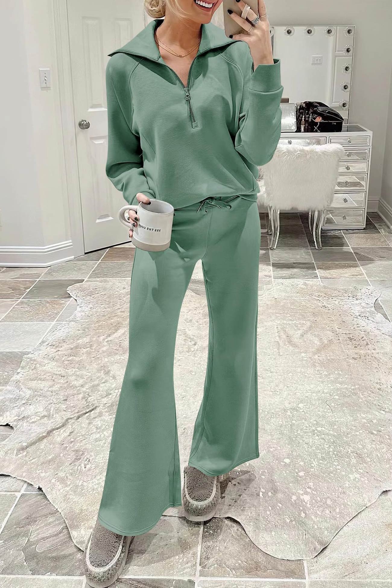 Doris | Wide leg long pants set with lapel zip sweatshirt