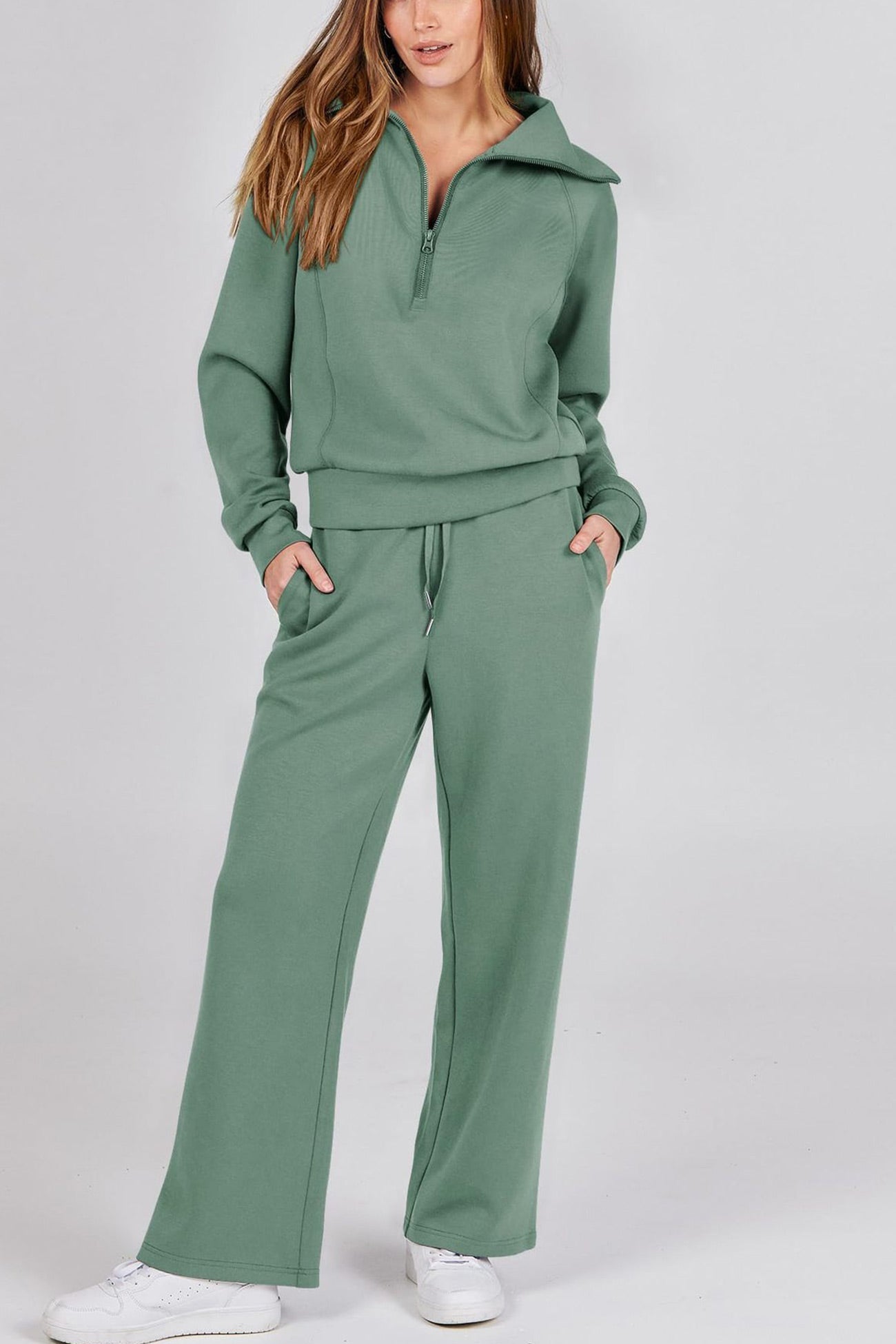 Gabriela | Lapel zip wide leg sweatshirt and long pants set