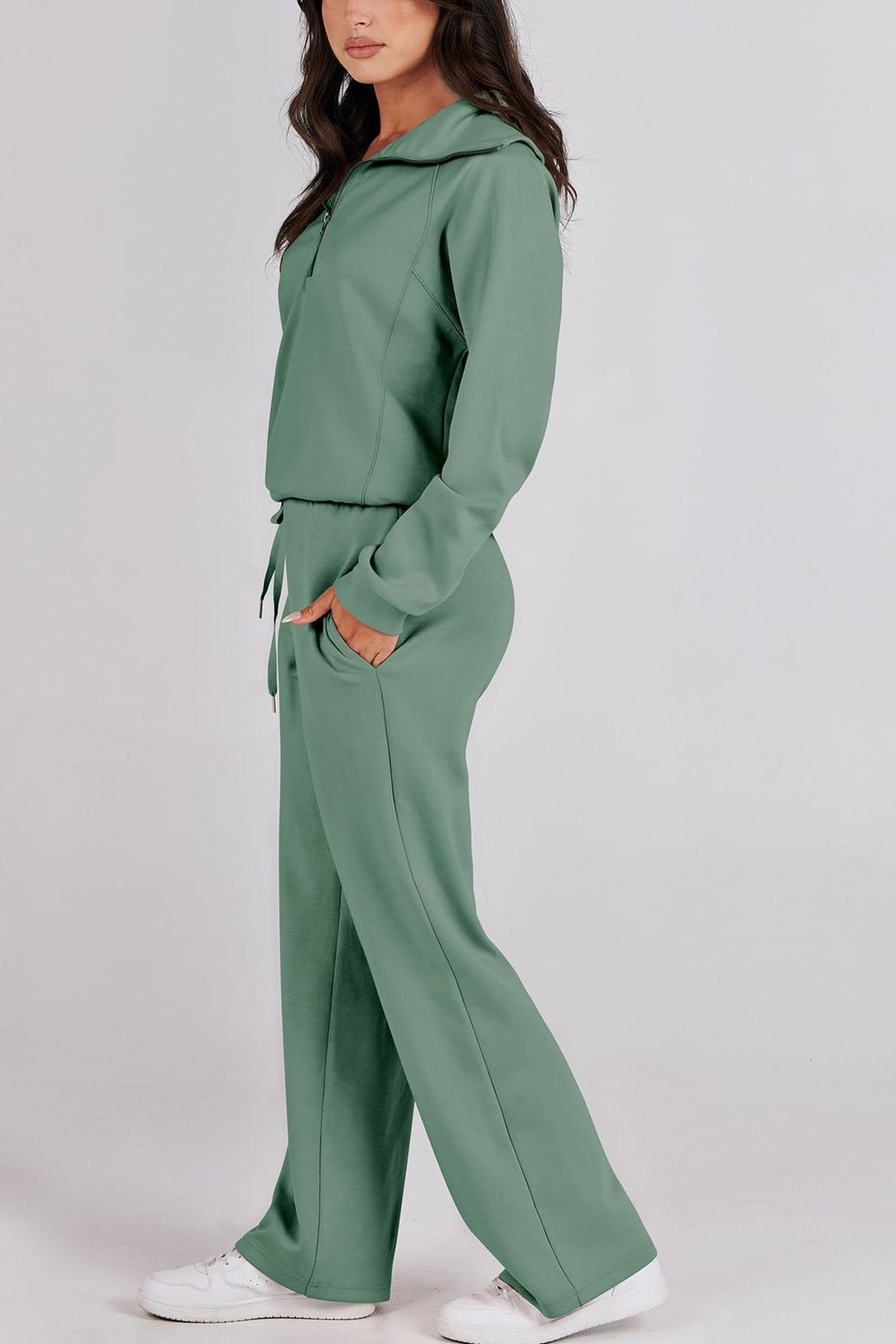 Doris | Wide leg long pants set with lapel zip sweatshirt