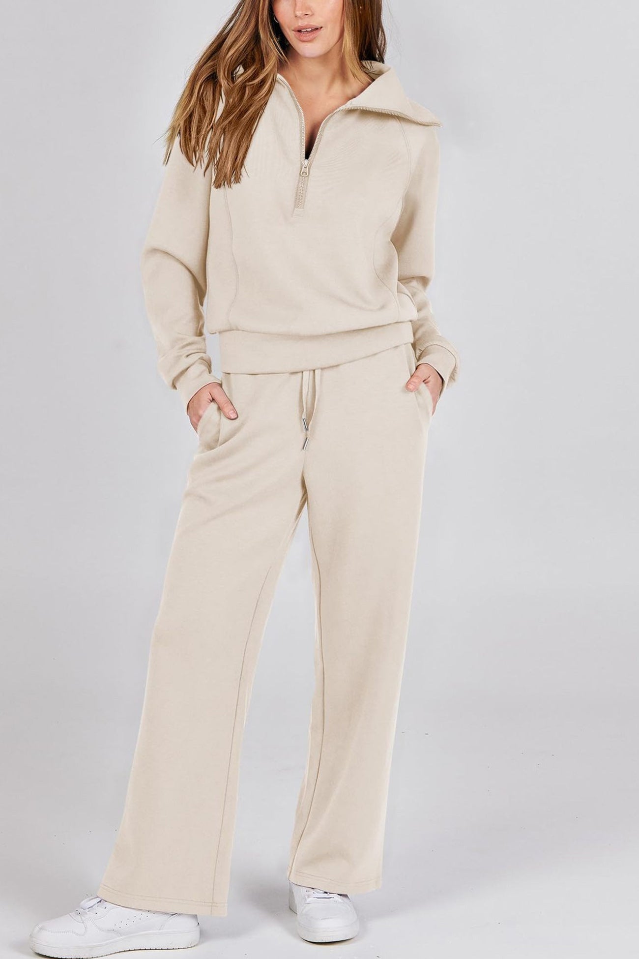 Doris | Wide leg long pants set with lapel zip sweatshirt