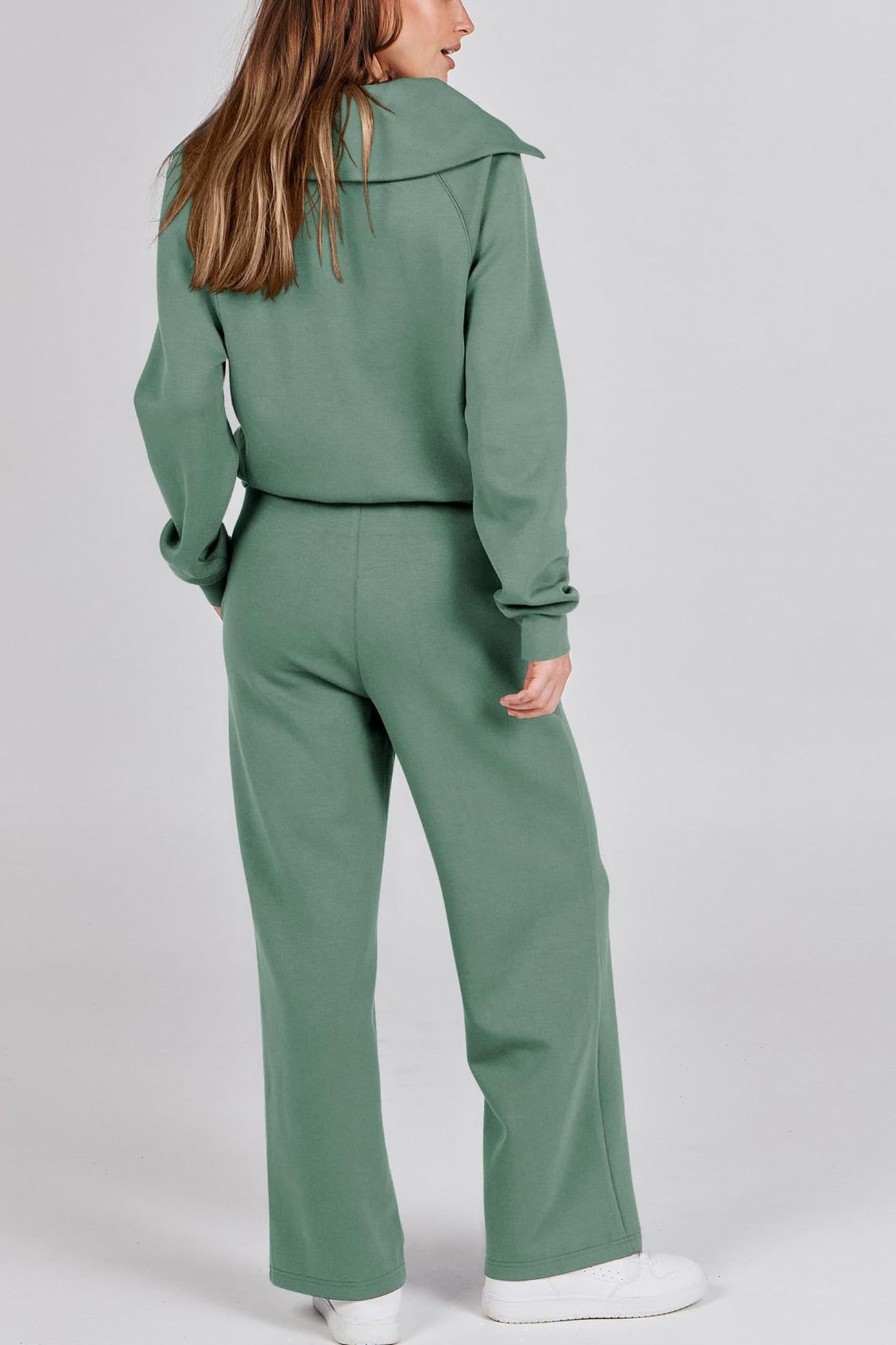 Doris | Wide leg long pants set with lapel zip sweatshirt