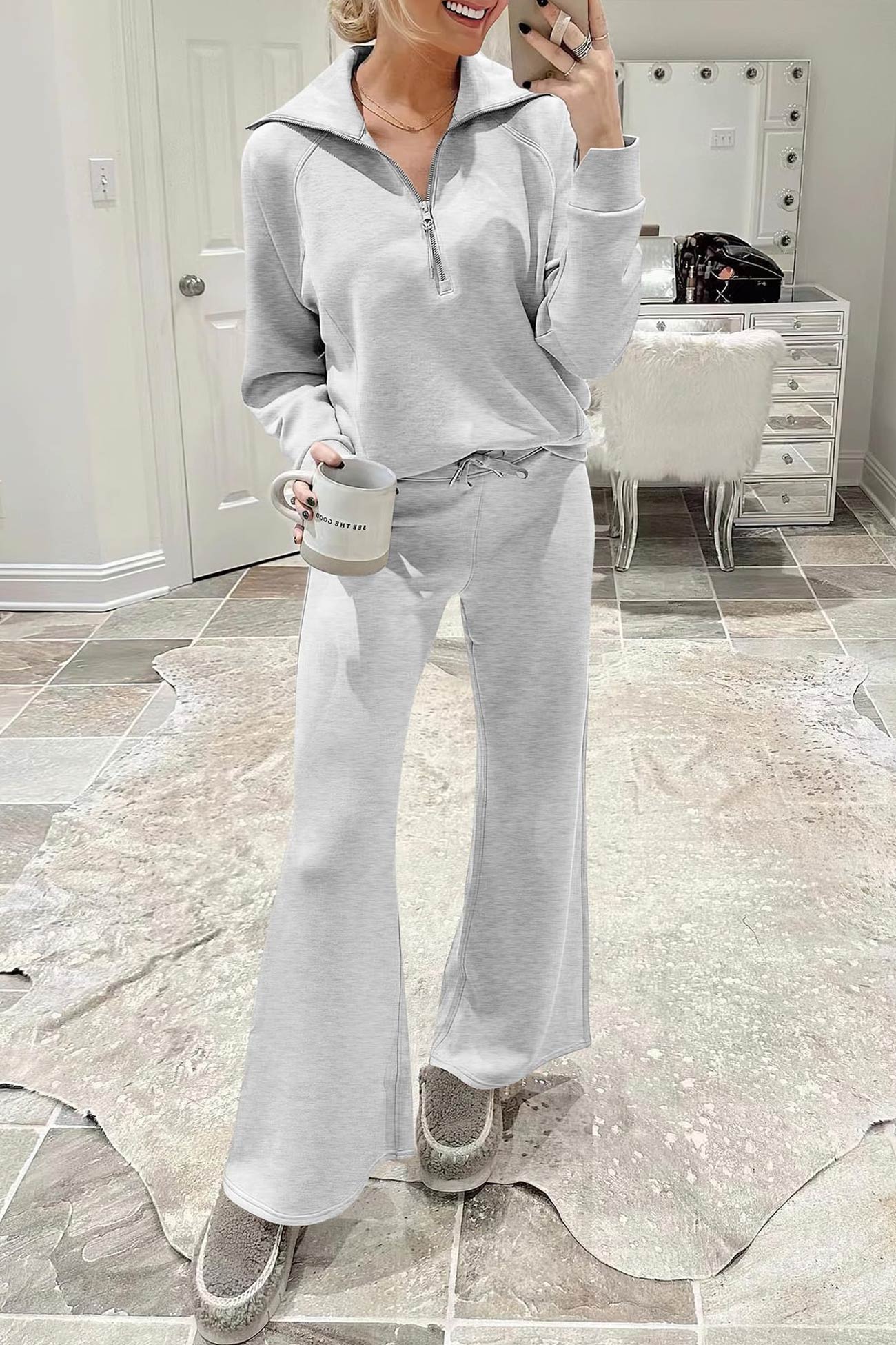 Gabriela | Lapel zip wide leg sweatshirt and long pants set