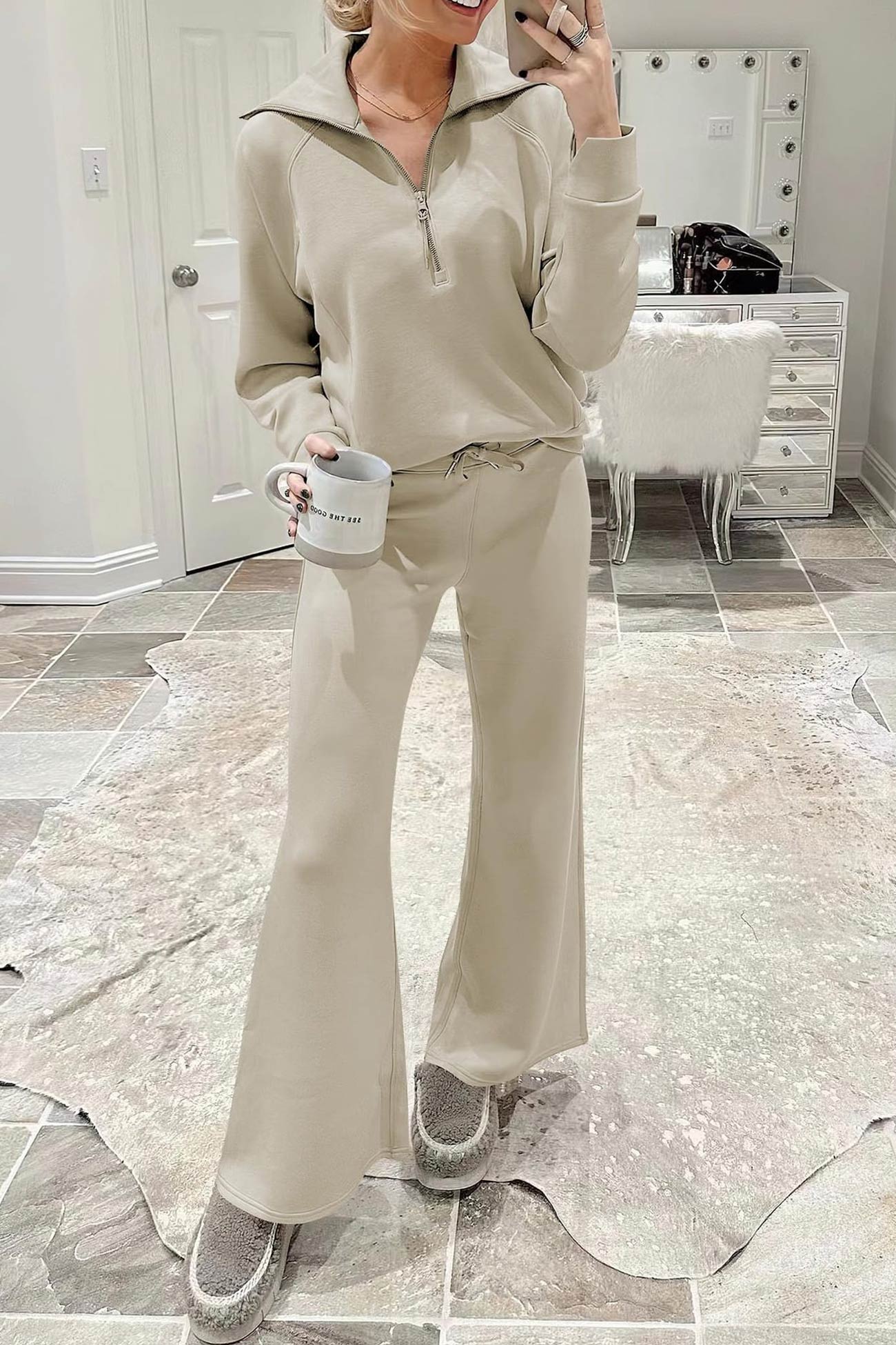 Gabriela | Lapel zip wide leg sweatshirt and long pants set