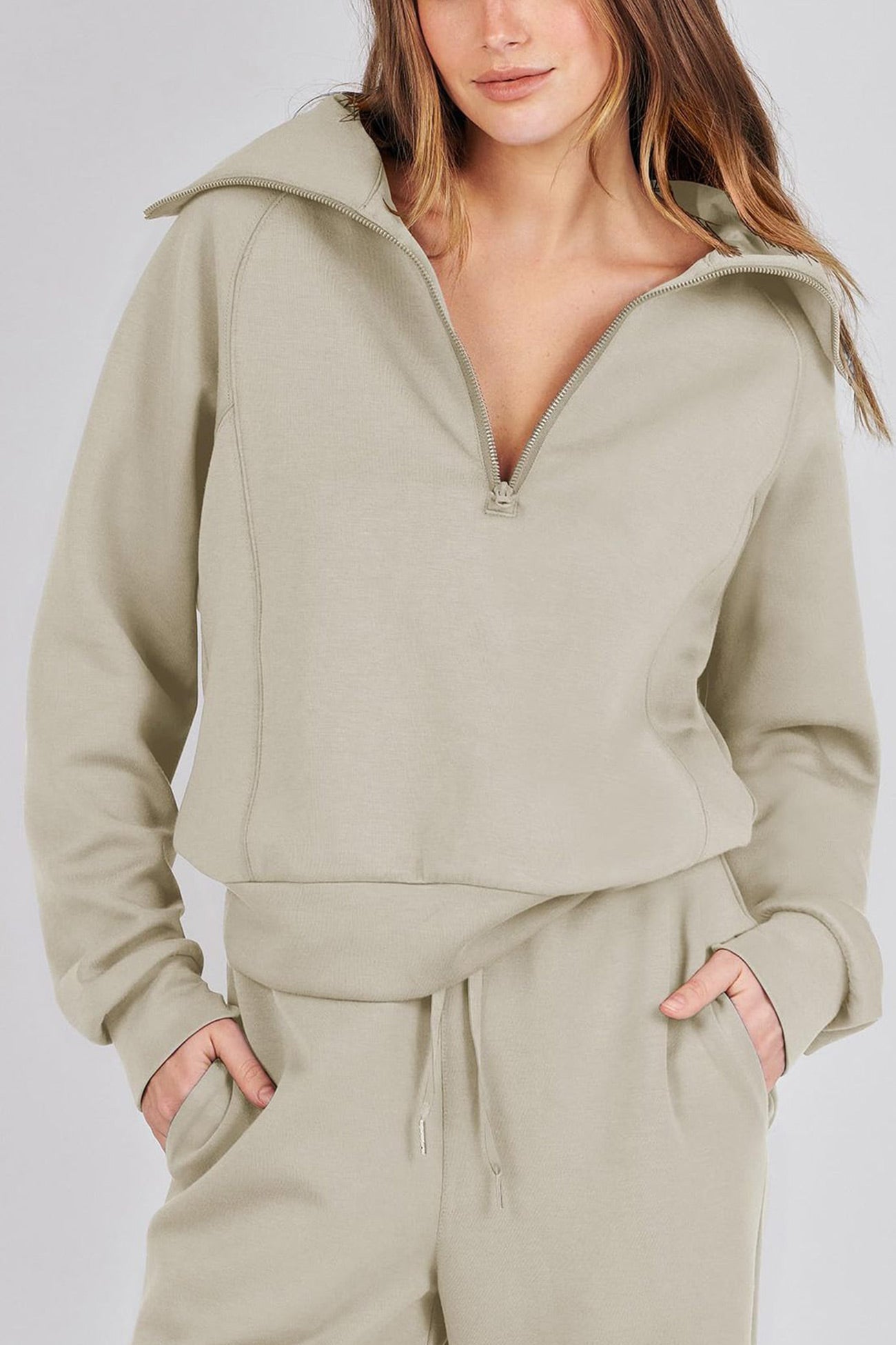 Doris | Wide leg long pants set with lapel zip sweatshirt