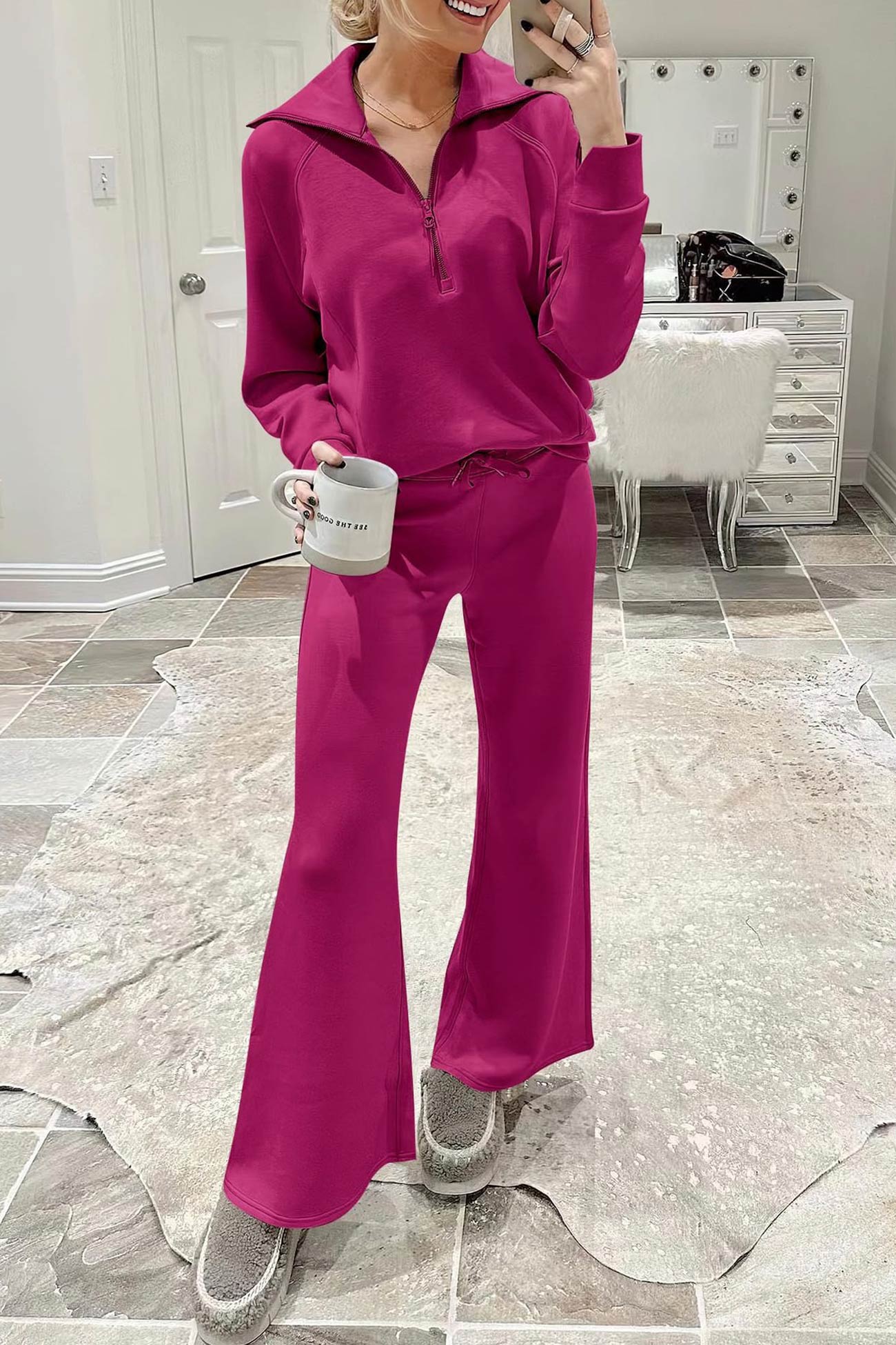 Doris | Wide leg long pants set with lapel zip sweatshirt