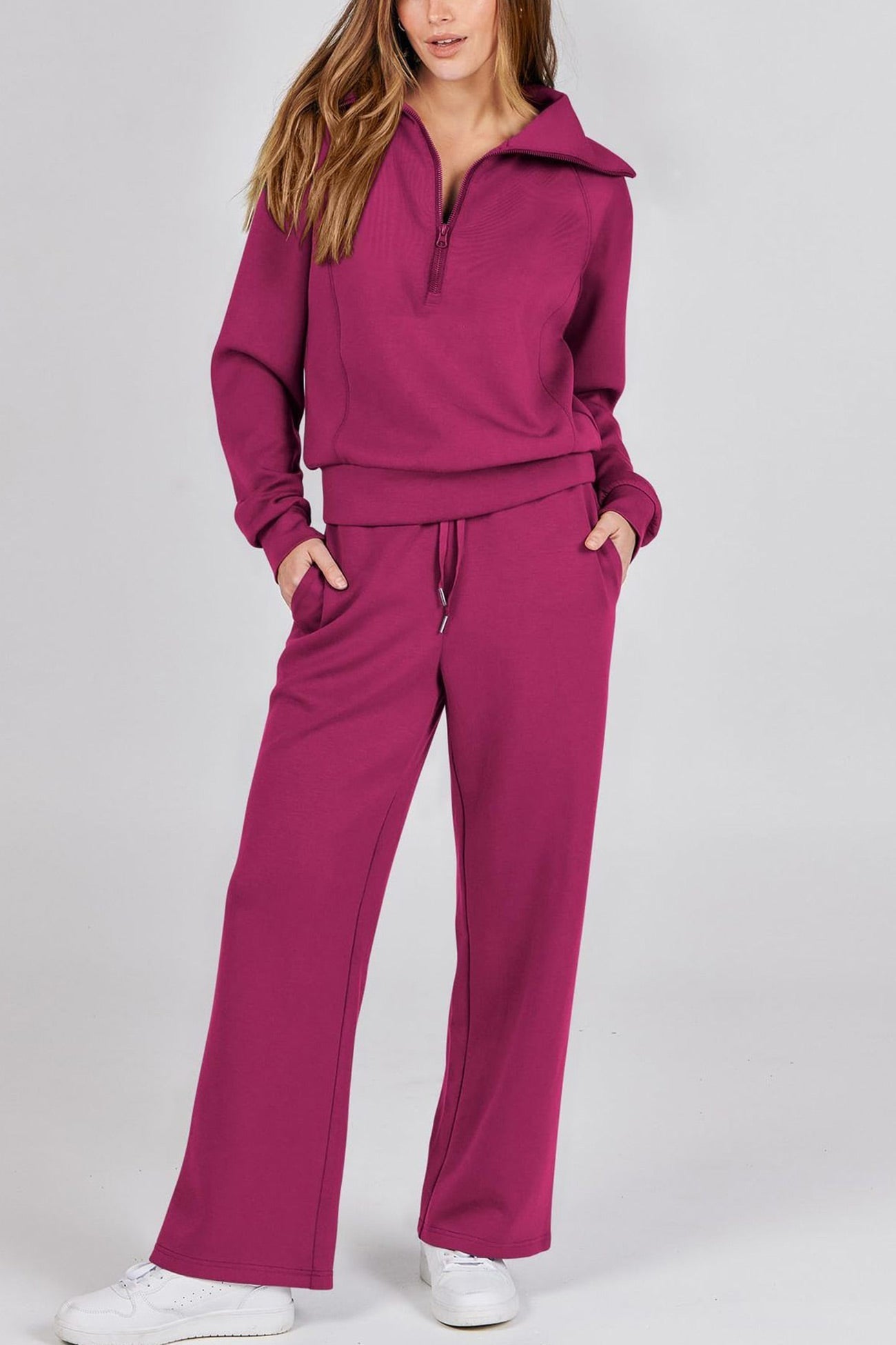Doris | Wide leg long pants set with lapel zip sweatshirt
