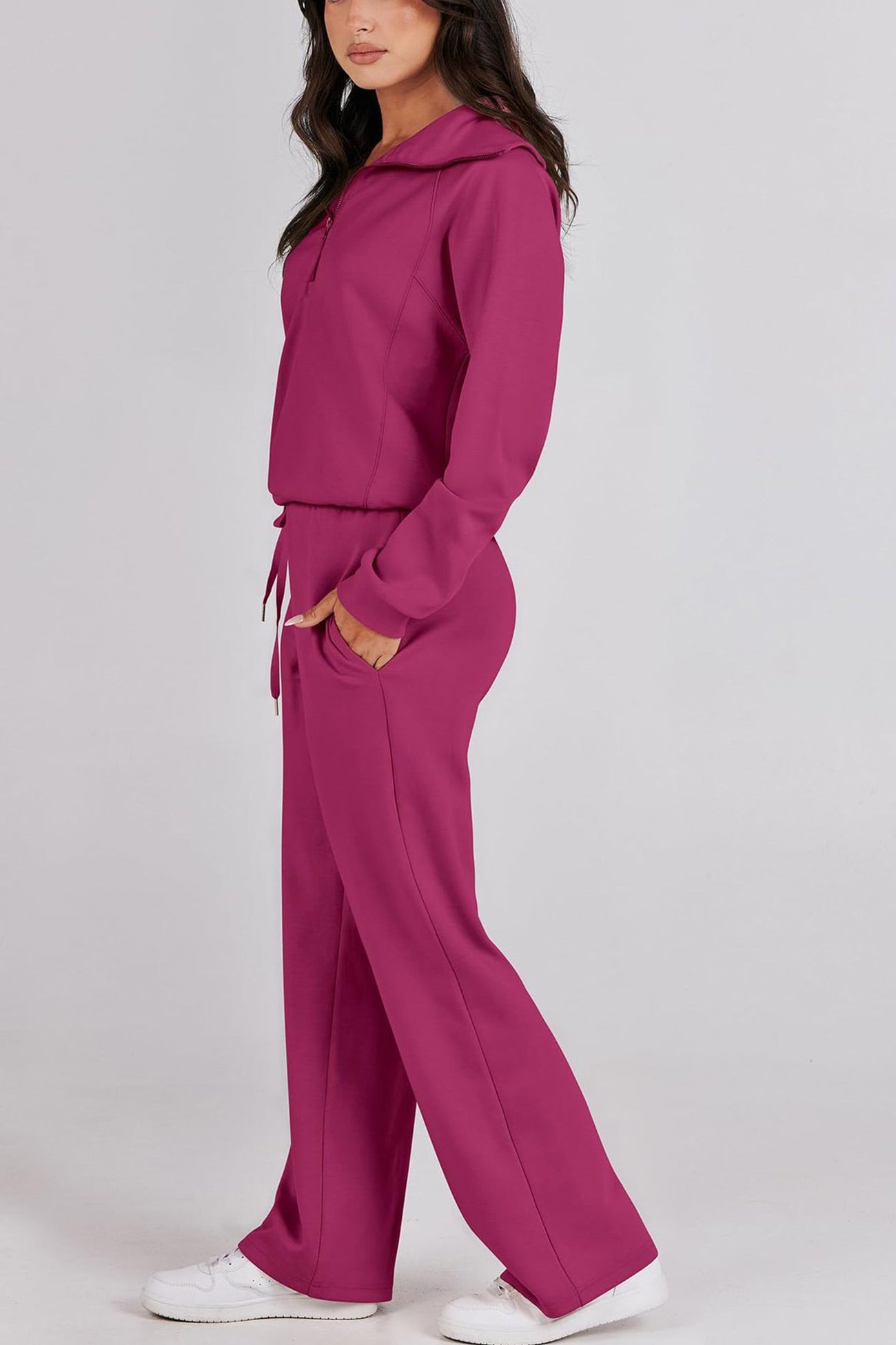 Doris | Wide leg long pants set with lapel zip sweatshirt
