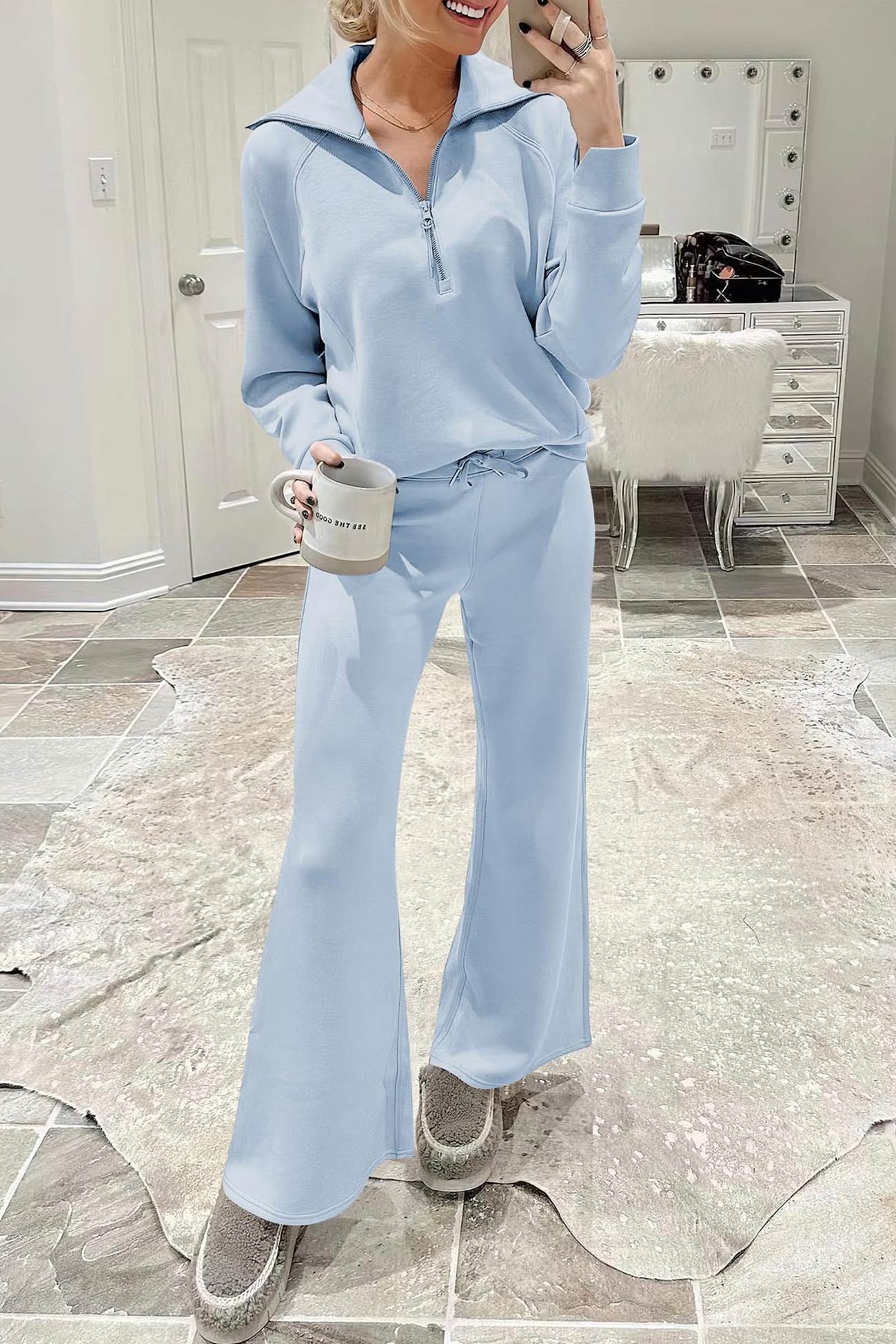 Gabriela | Lapel zip wide leg sweatshirt and long pants set