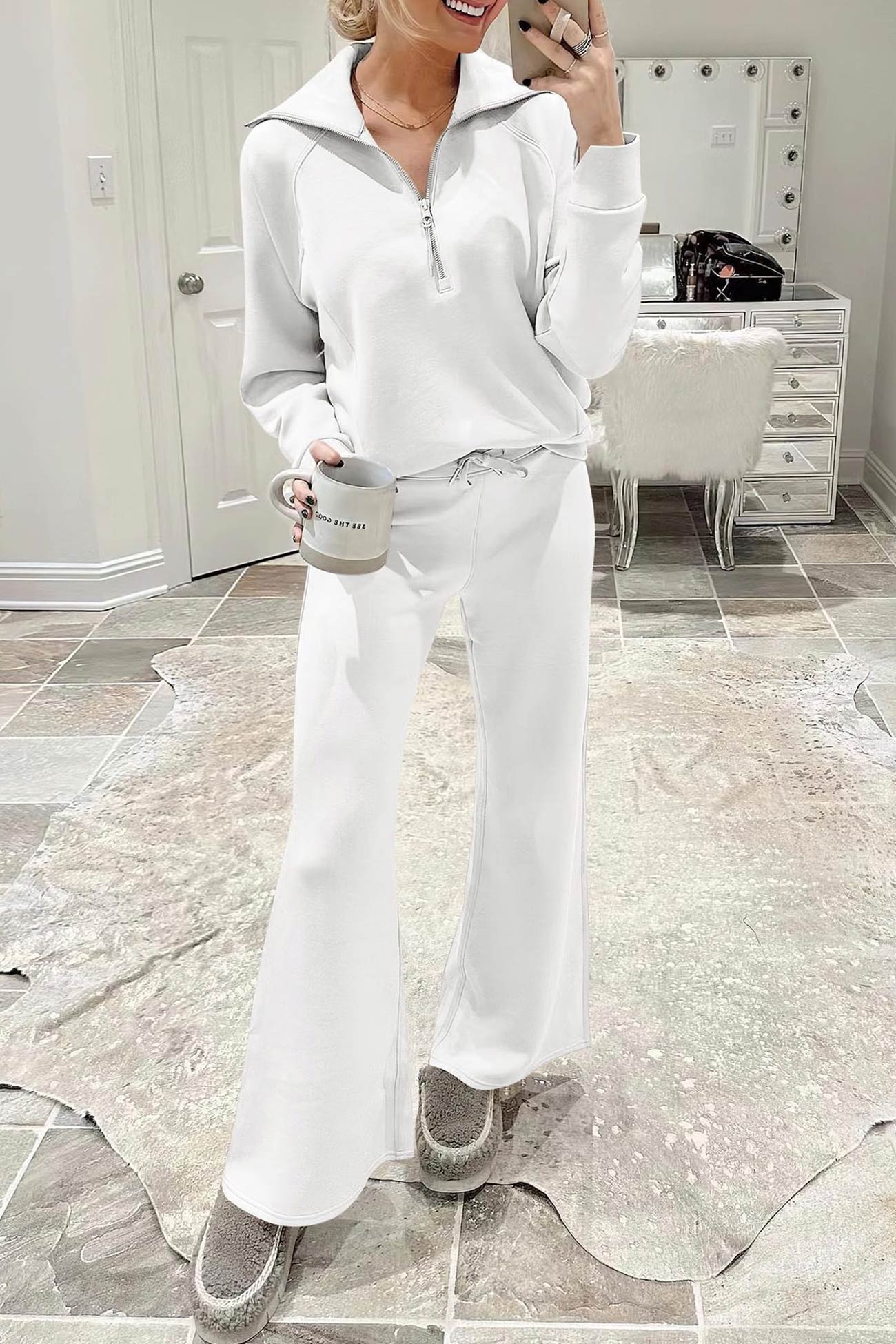 Doris | Wide leg long pants set with lapel zip sweatshirt