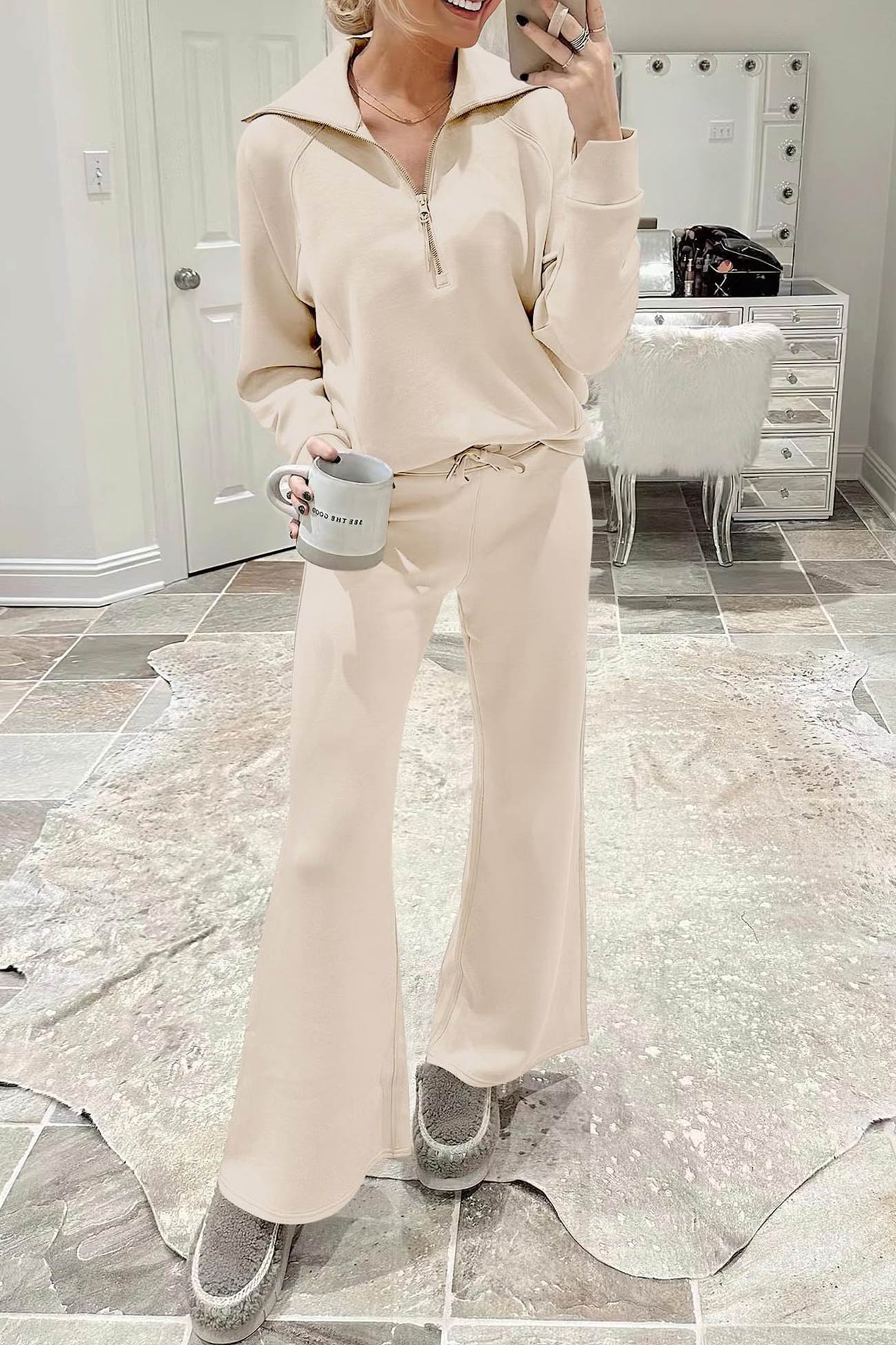 Gabriela | Lapel zip wide leg sweatshirt and long pants set