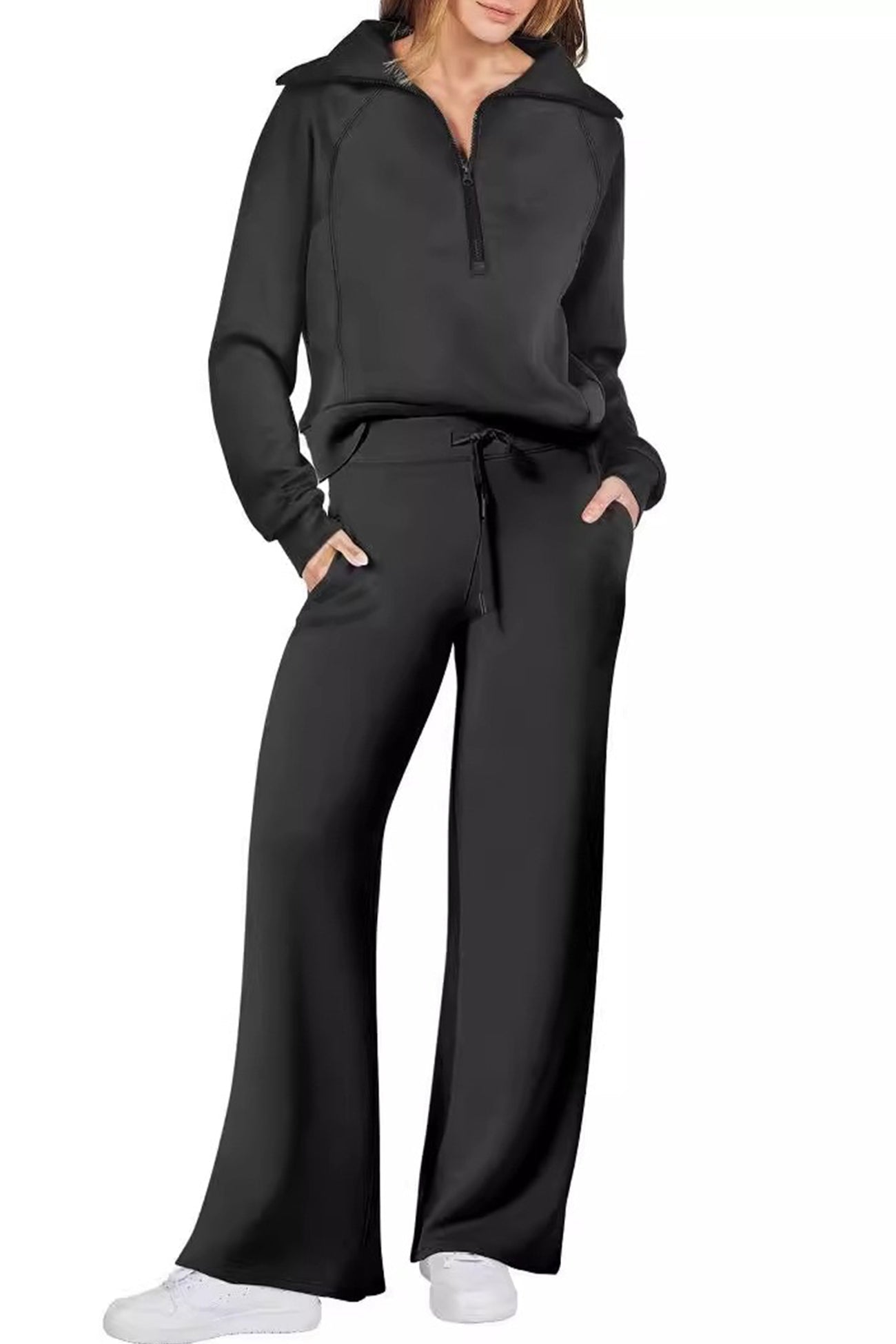 Gabriela | Lapel zip wide leg sweatshirt and long pants set