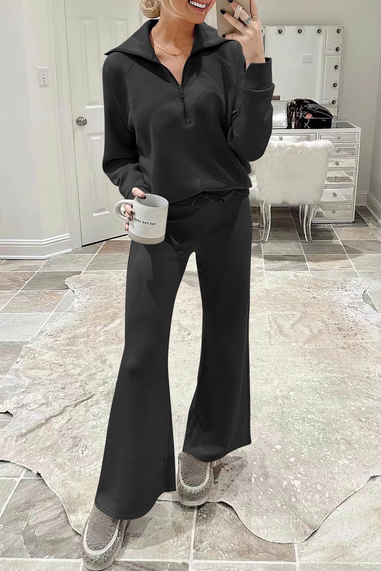 Doris | Wide leg long pants set with lapel zip sweatshirt