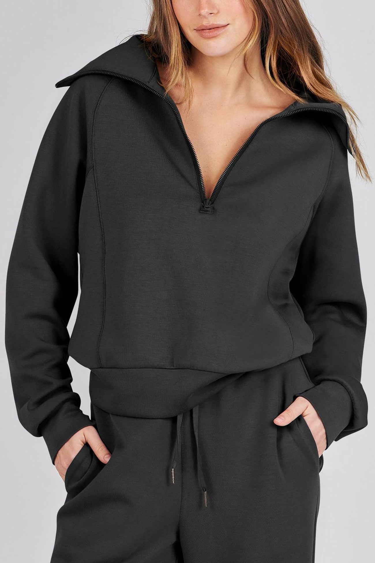 Gabriela | Lapel zip wide leg sweatshirt and long pants set