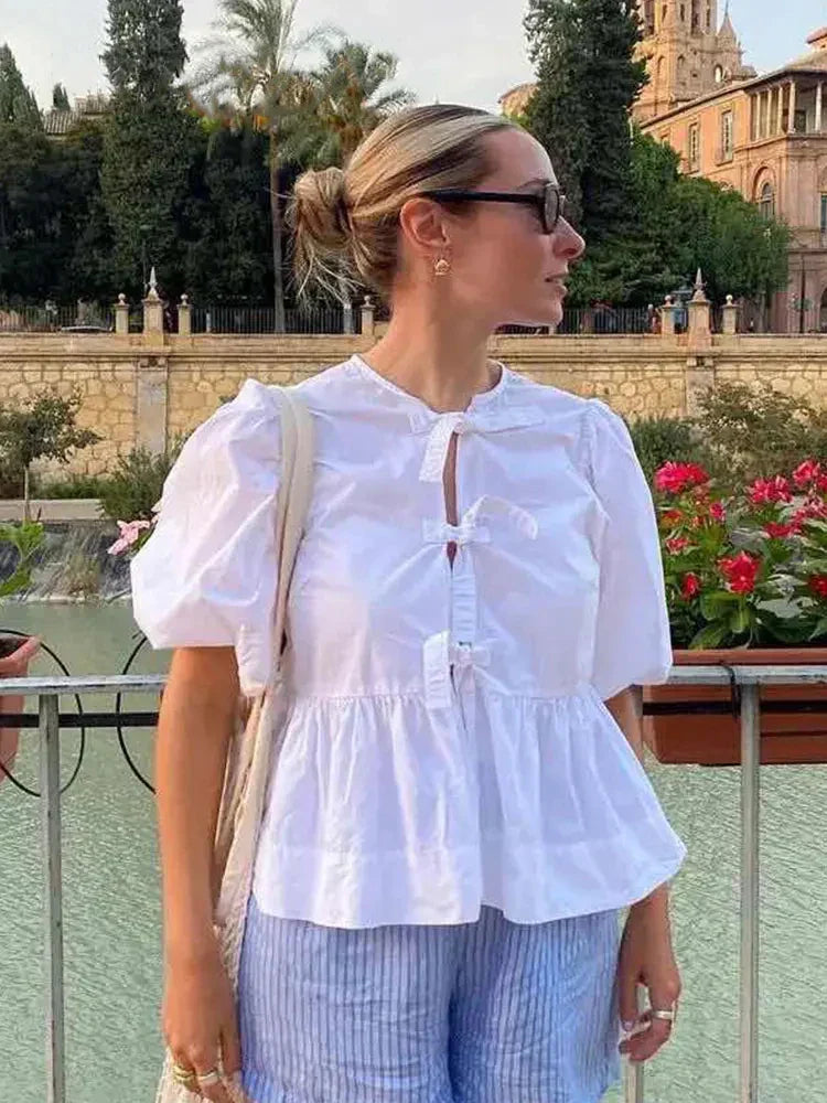 Kristi® | Blouse With Lantern Sleeves And Lacing, Millennium Print